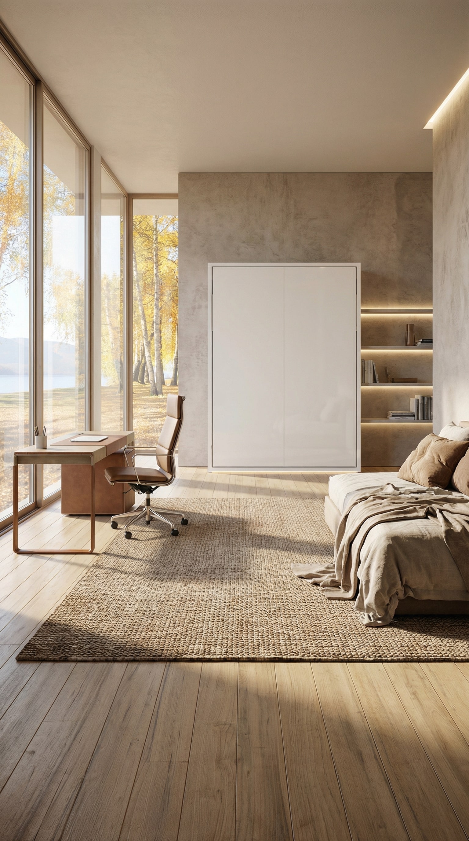 Modernes Arbeitszimmer, das sich durch ein elegantes Clei Penelope 2 Schrankbett in ein vollwertiges Gästezimmer verwandelt. Modernes Arbeitszimmer, das sich durch ein elegantes Clei Penelope 2 Schrankbett in ein vollwertiges Gästezimmer verwandelt.