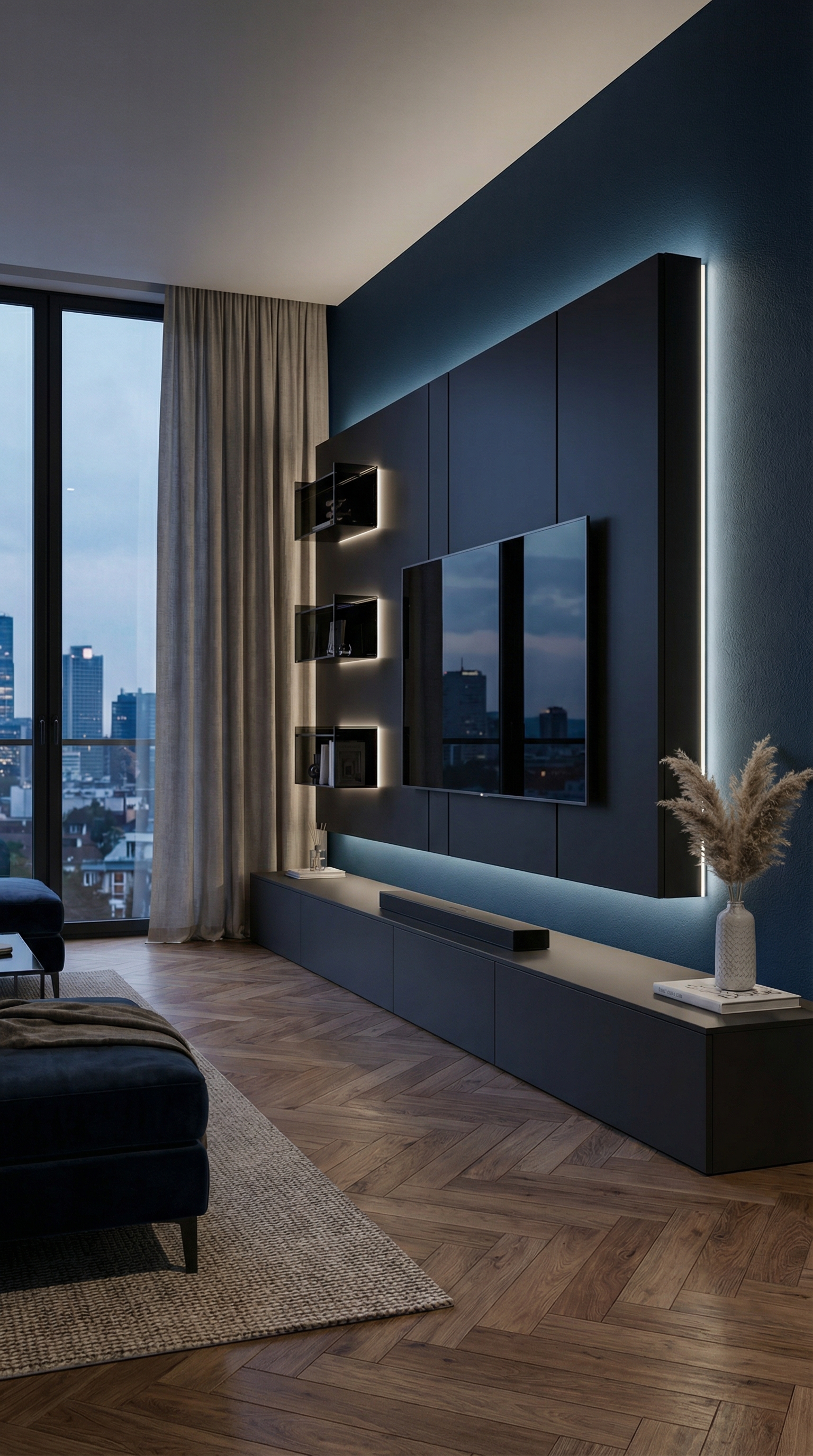 Dunkle Designer Wohnwand vor tiefblauer Wandfarbe Deep Ocean