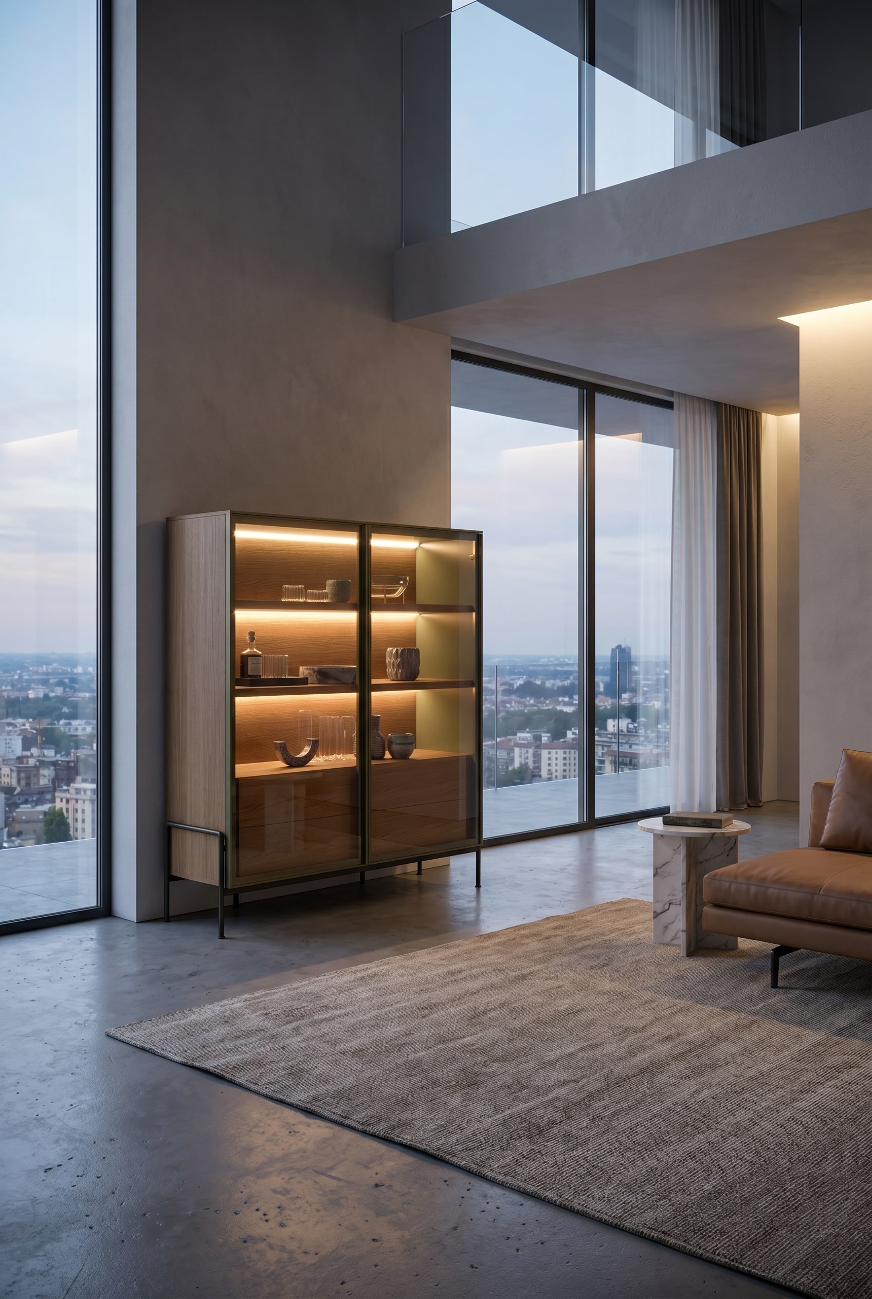 Modernes Wohnzimmer mit einem Eichenholz-Highboard mit bronzierten Glastüren, in dem horizontale LED-Lichtleisten eine Anordnung von Keramikvasen blendfrei beleuchten