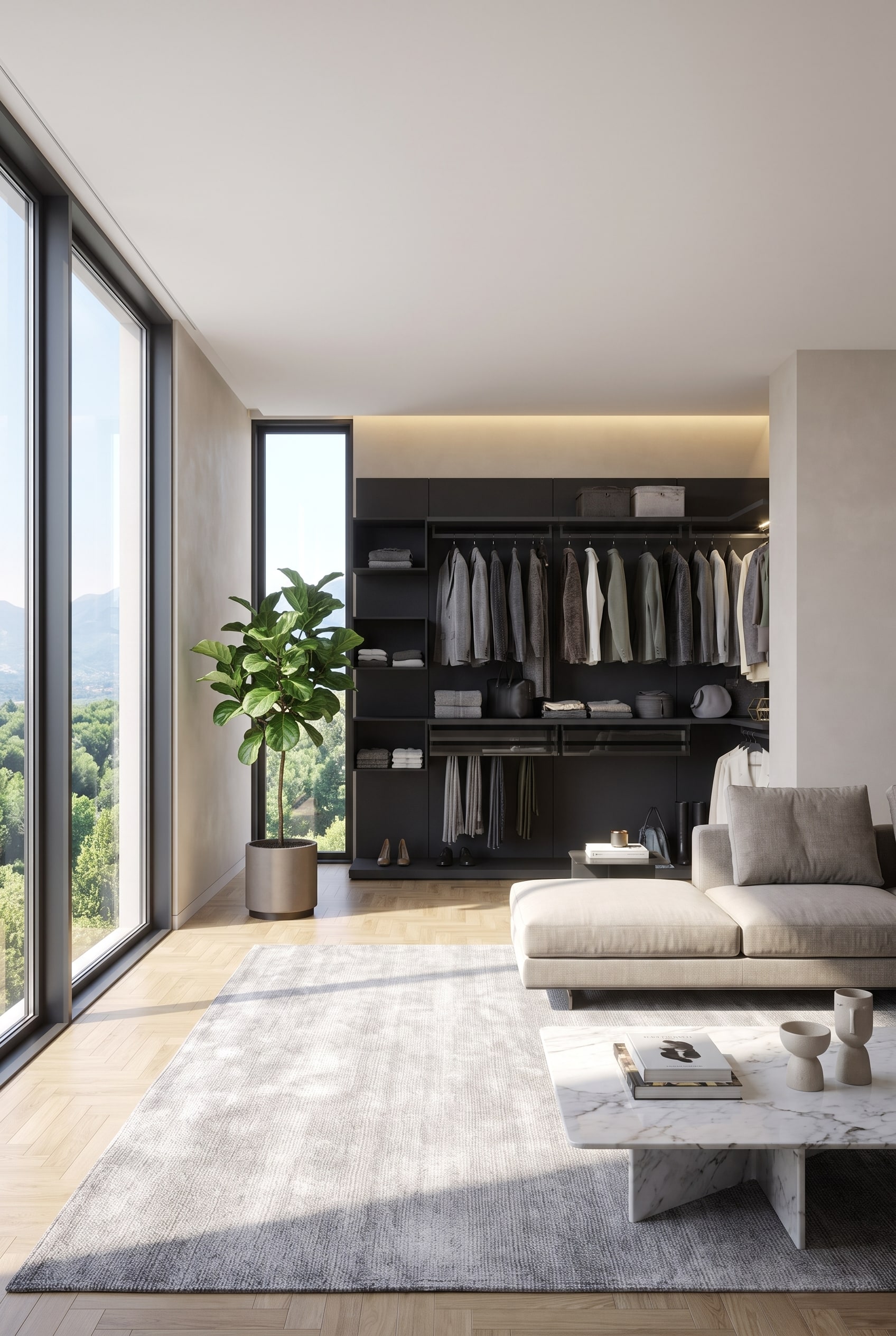 Begehbarer Kleiderschrank mit wandhängendem Schienensystem, Modulen aus Aluminium und Holz, darüber verstellbare Kleiderstangen und Schubladenelemente