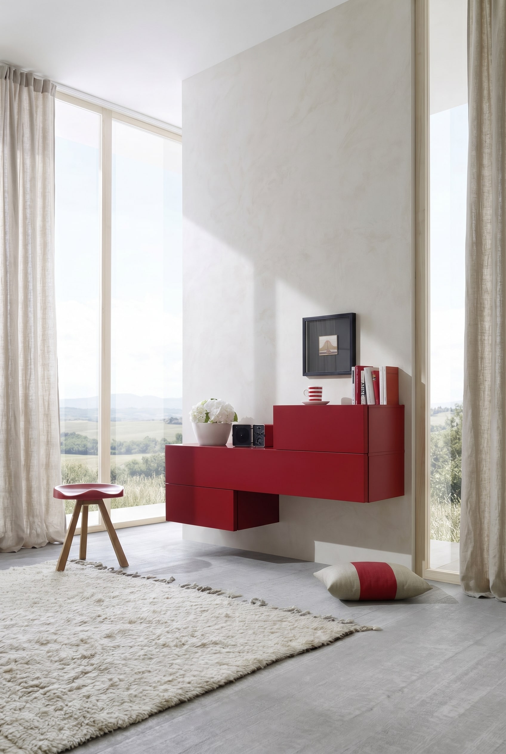 Ein asymmetrisch angeordnetes schwebendes Sideboard an einer minimalistischen wei&szlig;en Wand im offenen Wohnbereich.