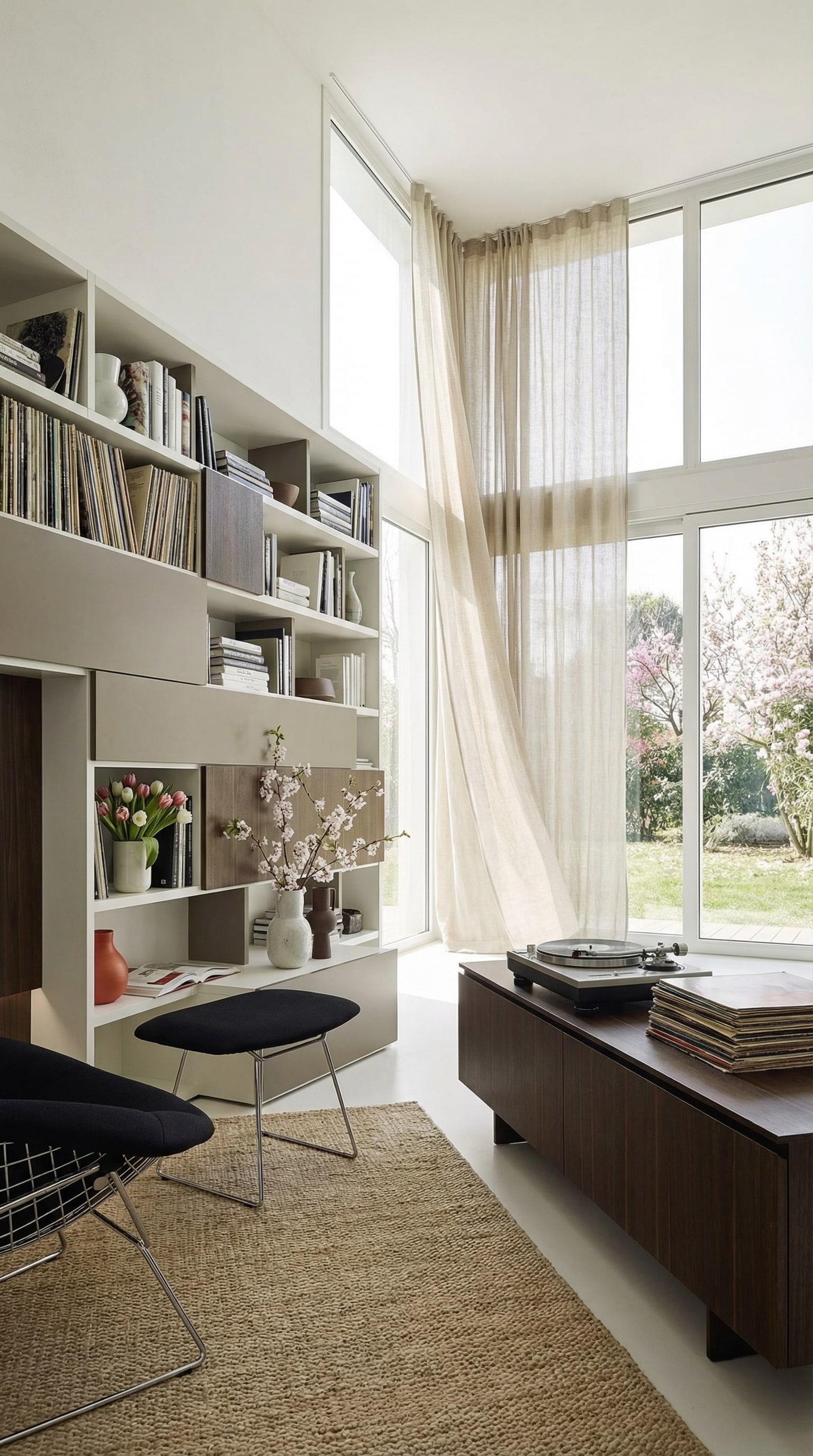 Modernes Bücherregal mit Schallplatten und Frühlingsdekoration im hellen Wohnzimmer Modernes Bücherregal mit Schallplatten und Frühlingsdekoration im hellen Wohnzimmer