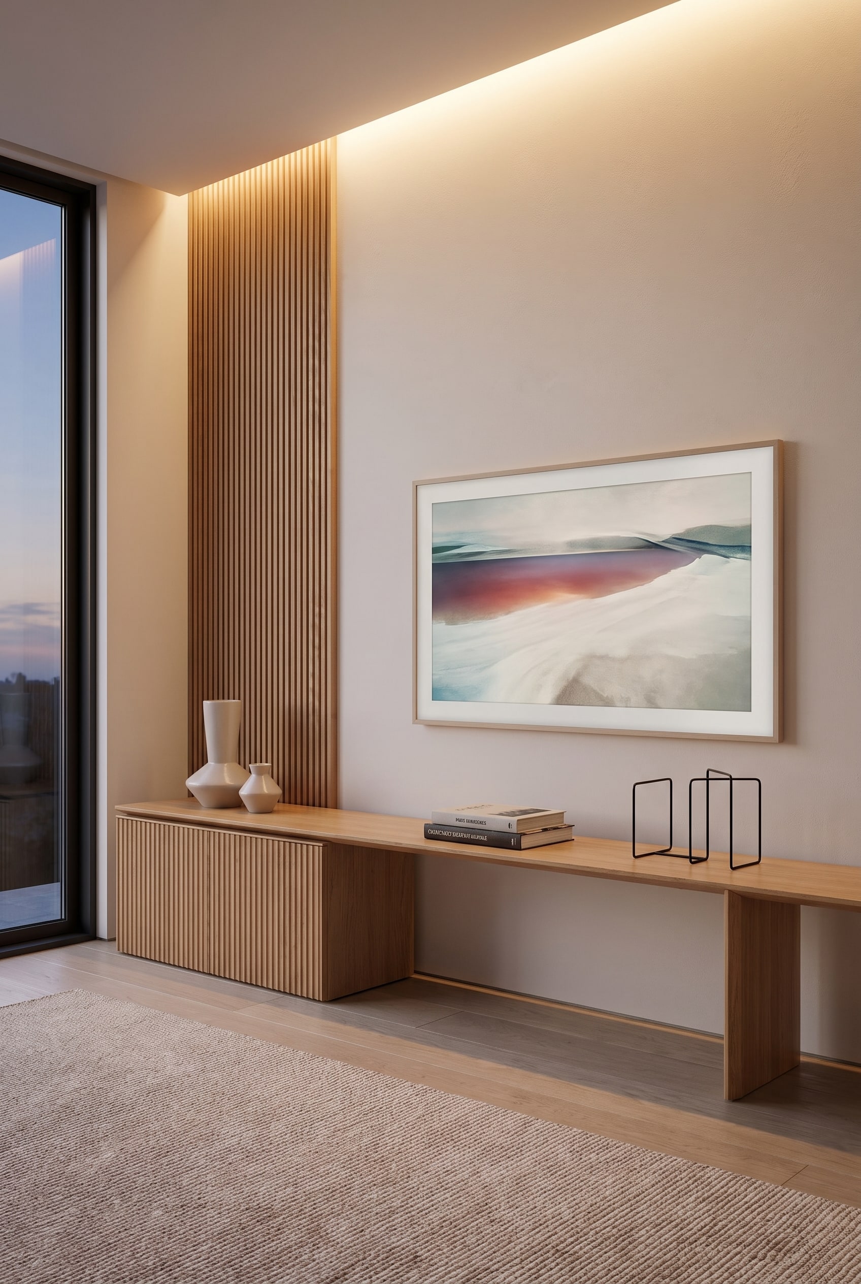 Ein minimalistisches Design Sideboard ohne Griffe in einem modernen Wohnzimmer, darüber hängt ein großer Frame-Fernseher, der ein klassisches Kunstwerk zeigt.