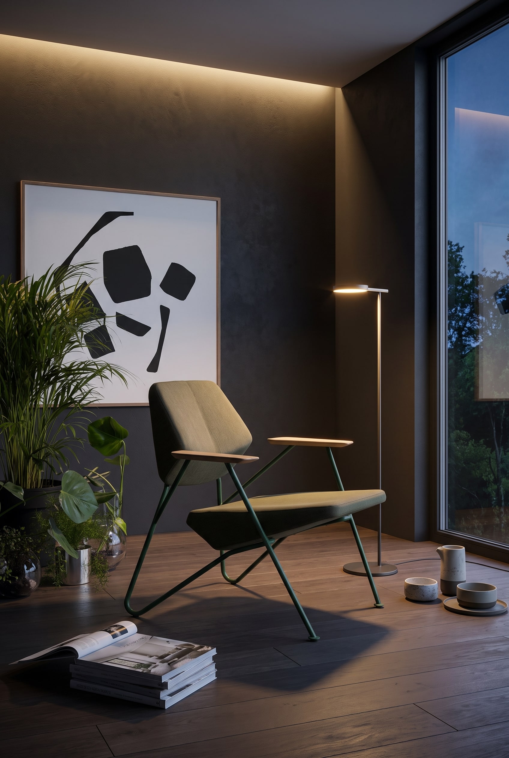 Wohnzimmer mit anthrazitfarbener Wand, bodentiefen Fenstern und einem kantigen Sessel mit Metallrahmen und gr&uuml;nem Bezug
