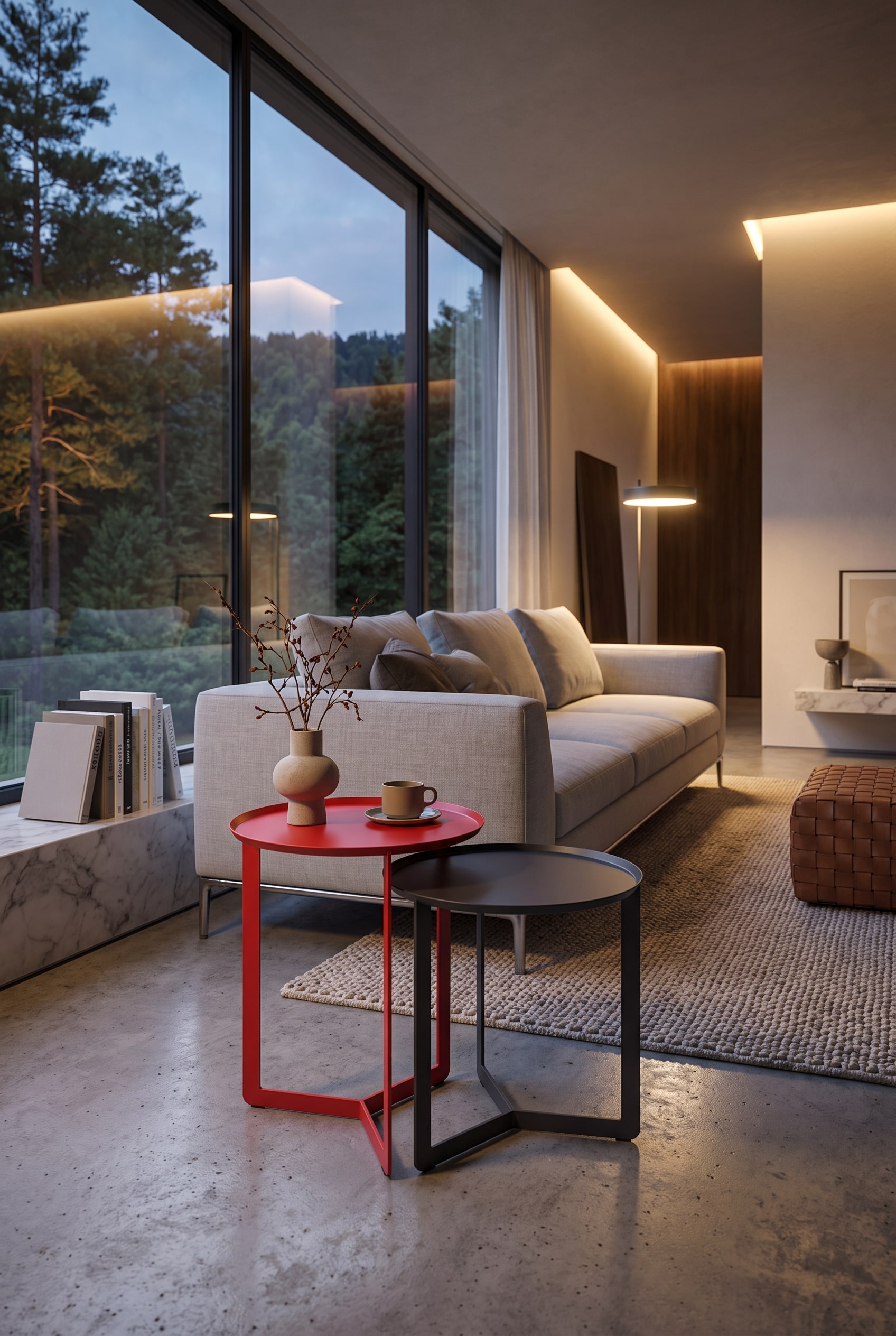 Wohnzimmer mit einem Ensemble aus drei runden Beistelltischen in gestaffelten Höhen (35, 40, 45 cm) und unterschiedlichen Materialien, gruppiert vor einem hellen Sofa.