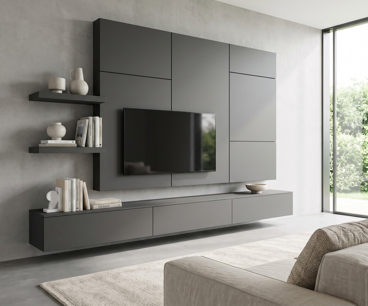 Livitalia TV-Wohnwand C102 mit hängendem Lowboard und TV-Paneel. Moderne graue Schrankwand im Wohnzimmer.