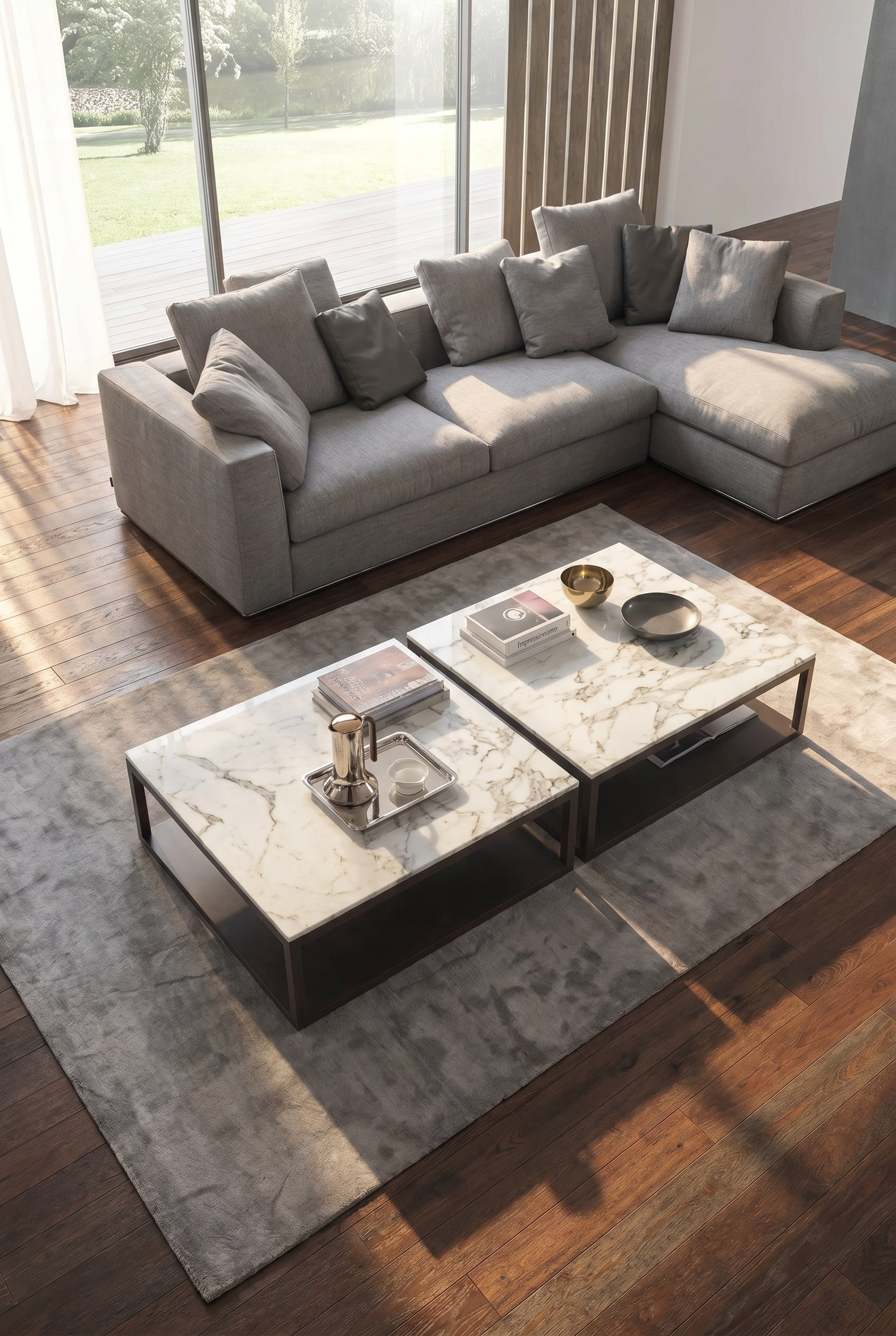 Marelli Couchtisch Stone exakt platziert vor einem modernen grauen Sofa mit ausreichendem Abstand Marelli Couchtisch Stone exakt platziert vor einem modernen grauen Sofa mit ausreichendem Abstand