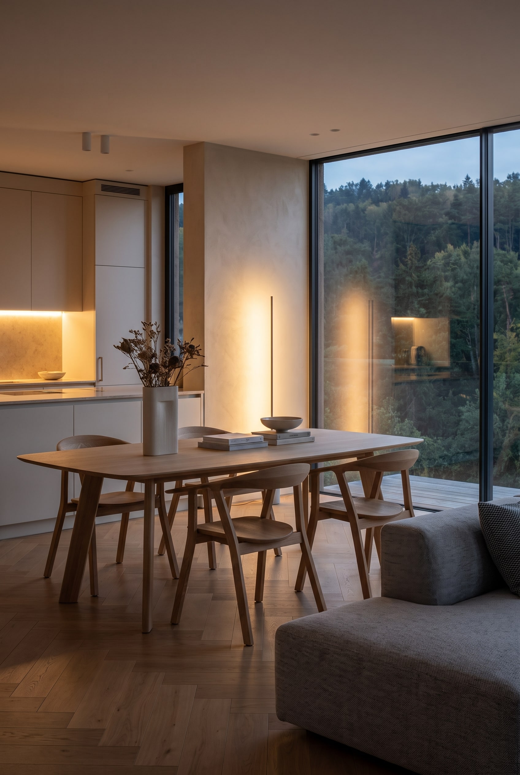 Helles Esszimmer mit einem Massivholztisch mit dünner Schweizer Kante und drei Holzstühlen