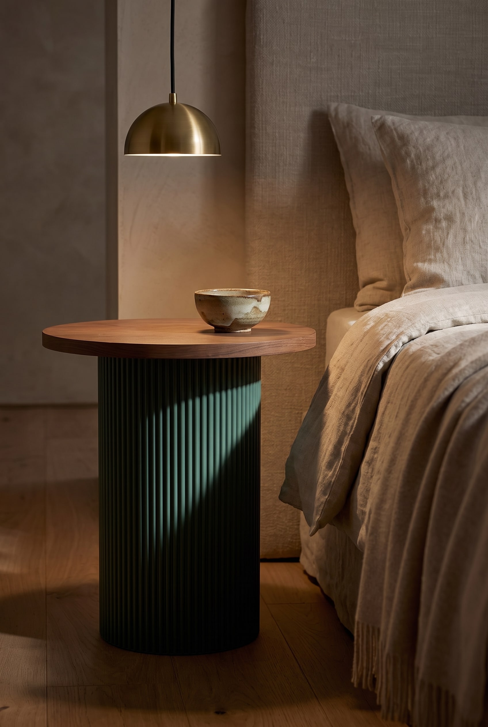 Kunstvoll eingerichtetes Schlafzimmer mit dem Punt Dune Beistelltisch, dessen markante Rillenstruktur von einer Pendelleuchte angestrahlt wird