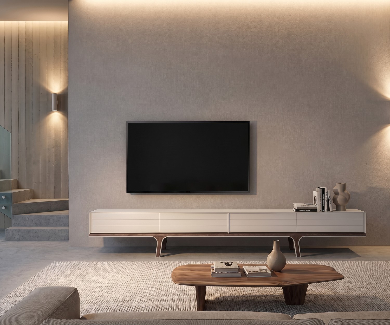 al2 Mobius 004 TV-Lowboard im Wohnzimmer unter Fernseher, matt weiß lackiert mit Holzfüßen im minimalistischen Stil.