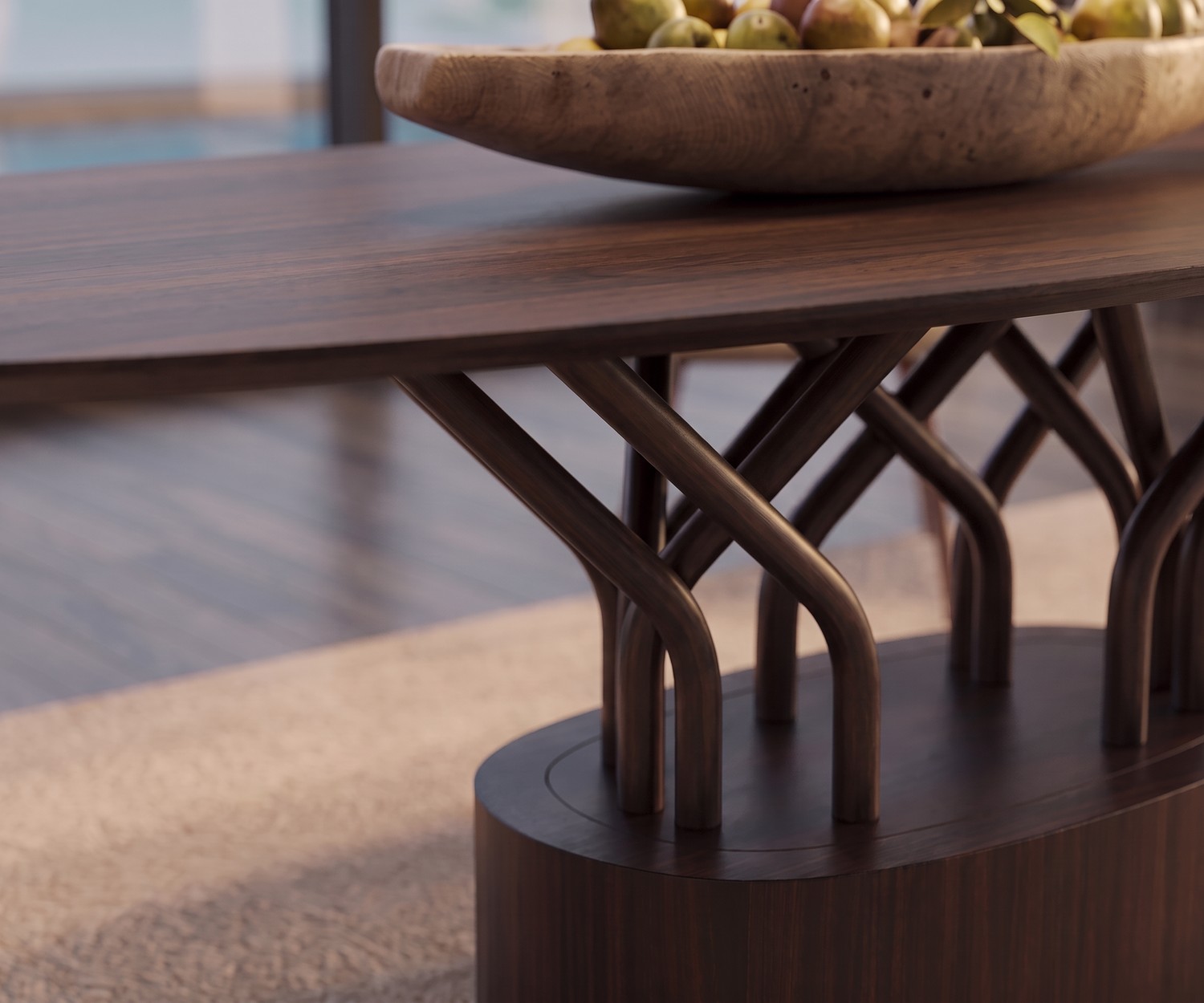 al2 wood-oo Design Esstisch oval Ovaler al2 wood-oo Esstisch aus Holz im modernen Esszimmer mit zwei grauen Samtsesseln vor großen Fenstern.