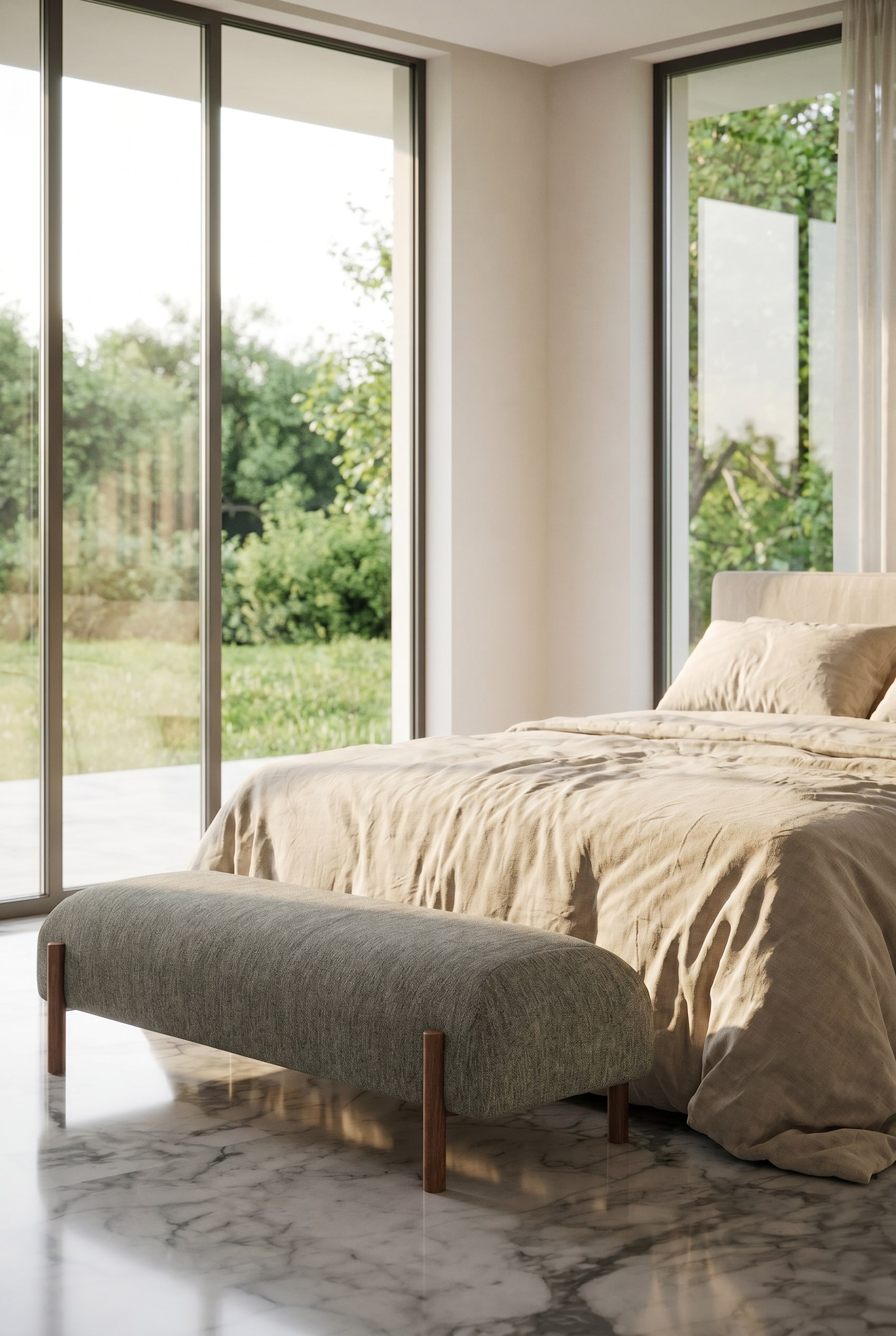 Beigefarbene, organisch geformte Sitzbank am Fußende eines Bettes in einem minimalistischen, lichtdurchfluteten Schlafzimmer Beigefarbene, organisch geformte Sitzbank am Fußende eines Bettes in einem minimalistischen, lichtdurchfluteten Schlafzimmer