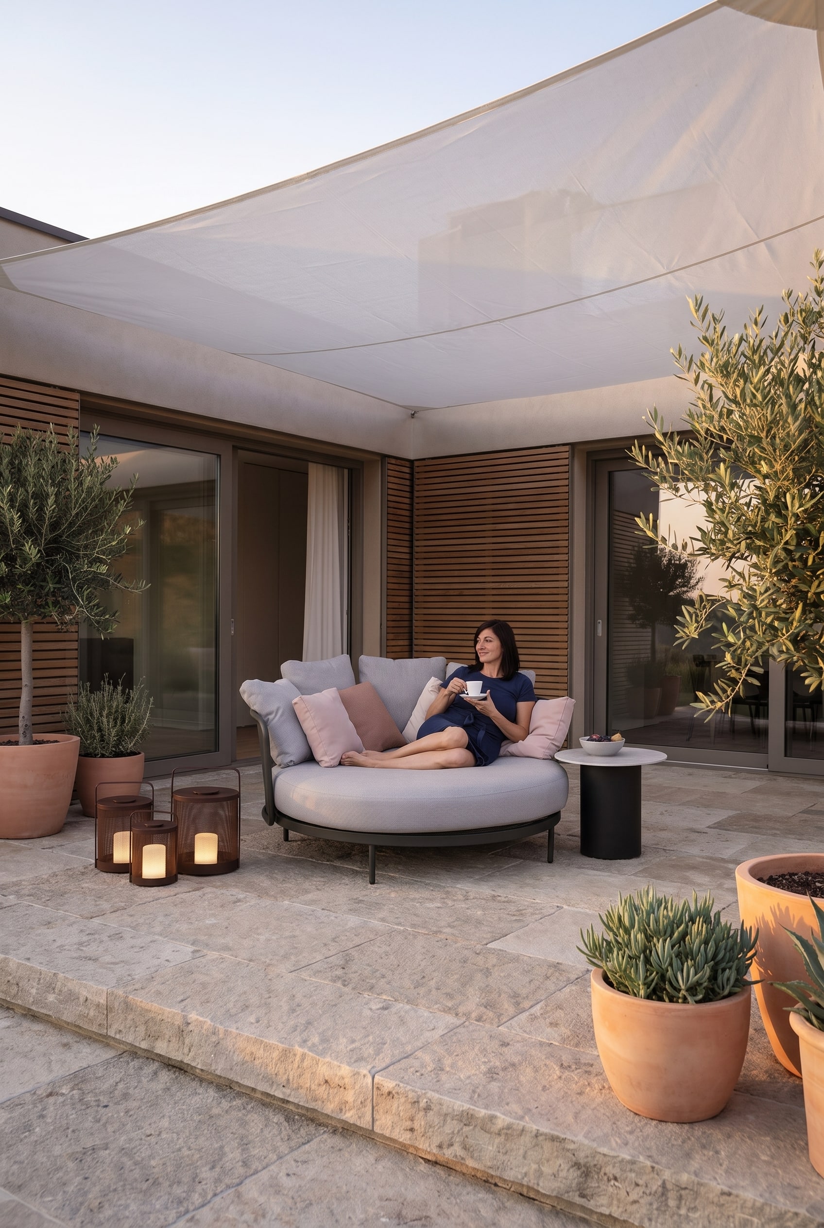 Sonnige Natursteinterrasse mit einem runden, hellgrauen Lounge-Daybed, das großzügig im Schatten eines weißen Sonnensegels steht