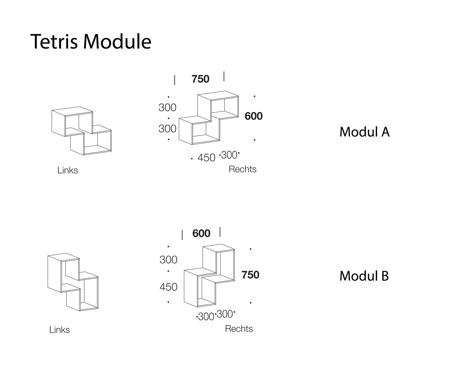 Livitalia Tetris Regal Module A und B Skizze Maße Livitalia Tetris Regal Module A und B Skizze Maße