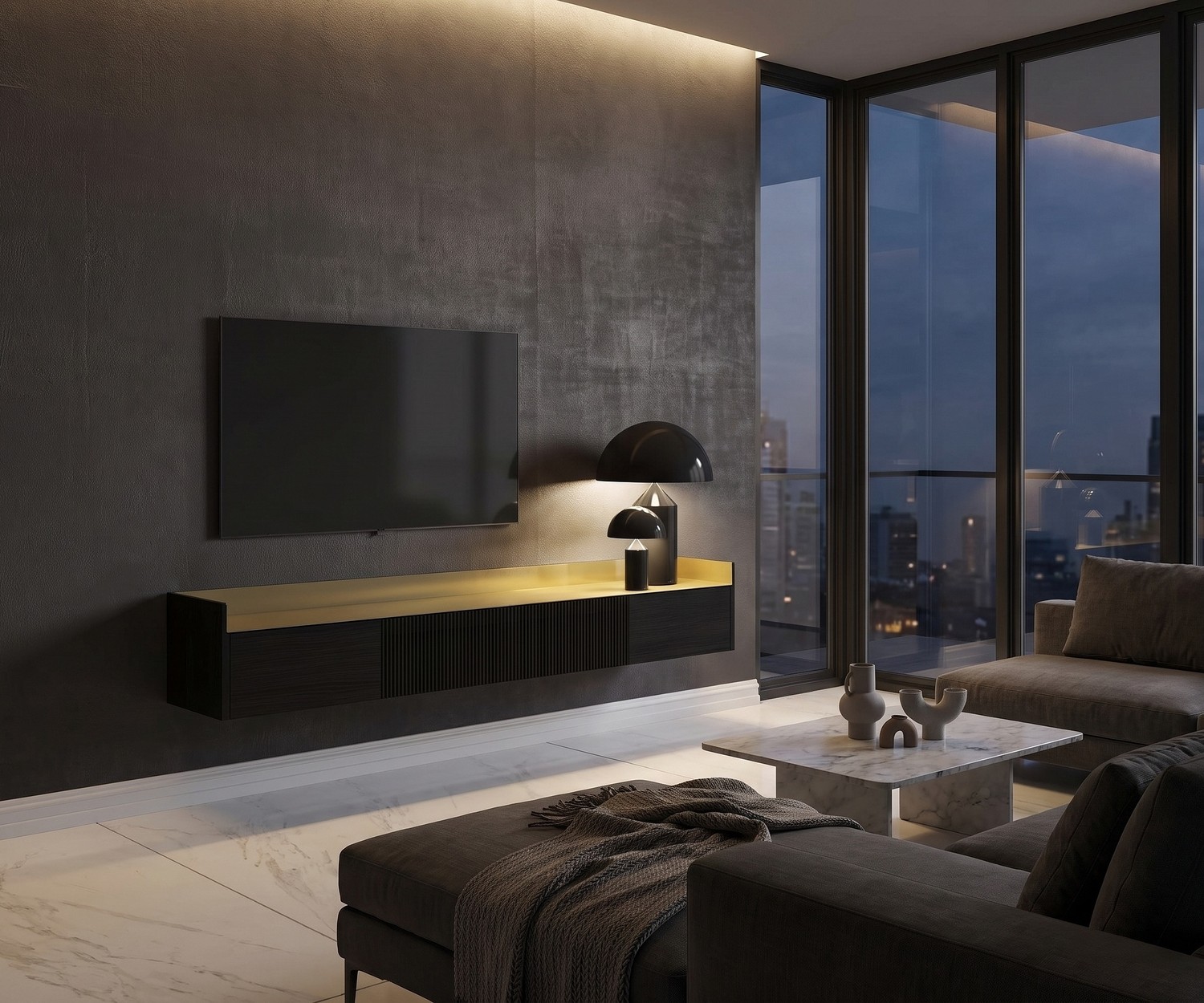 Punt Stockholm Slim Wand TV Sideboard Punt Stockholm Slim Wand TV Sideboard aus Holz mit Gold-Top im modernen Wohnzimmer an Sichtbetonwand.