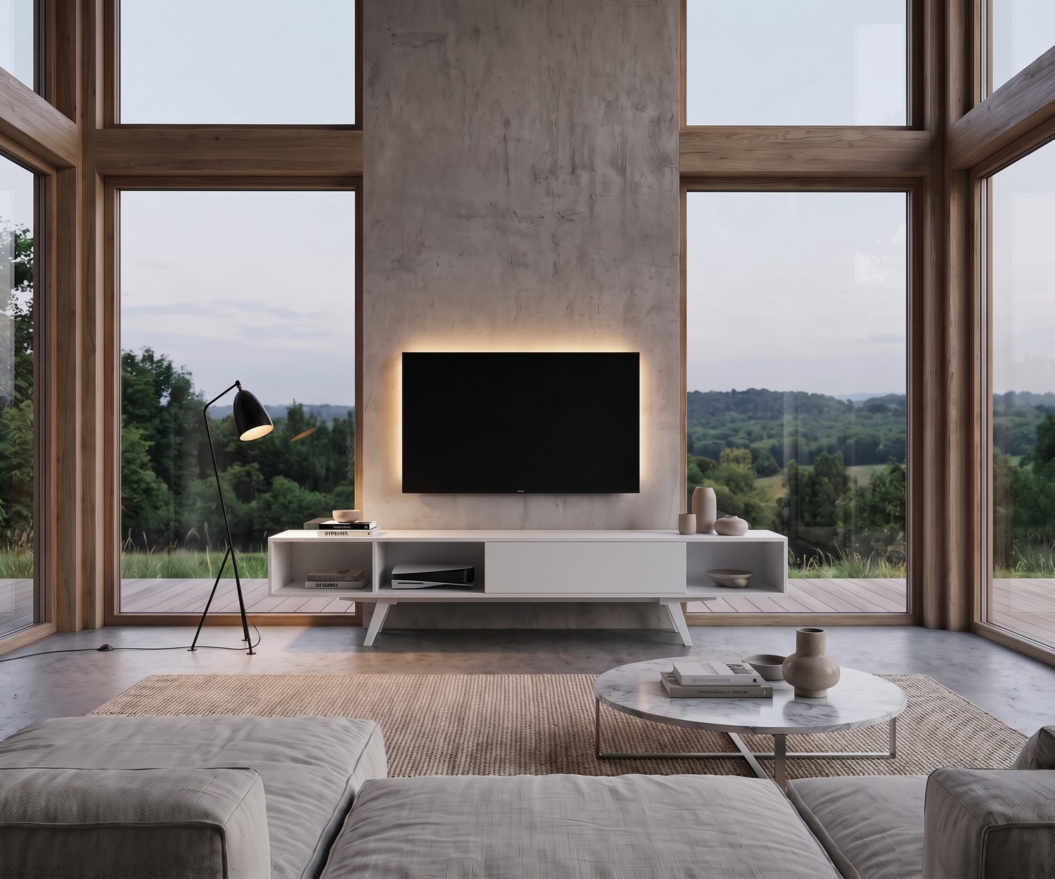 Modernes TV-Lowboard e-klipse 005 in Weiß TV Lowboard e-klipse 005 für das Wohnzimmer. Weißes Design-Fernsehmöbel vor Betonwand in moderner, heller Einrichtung.