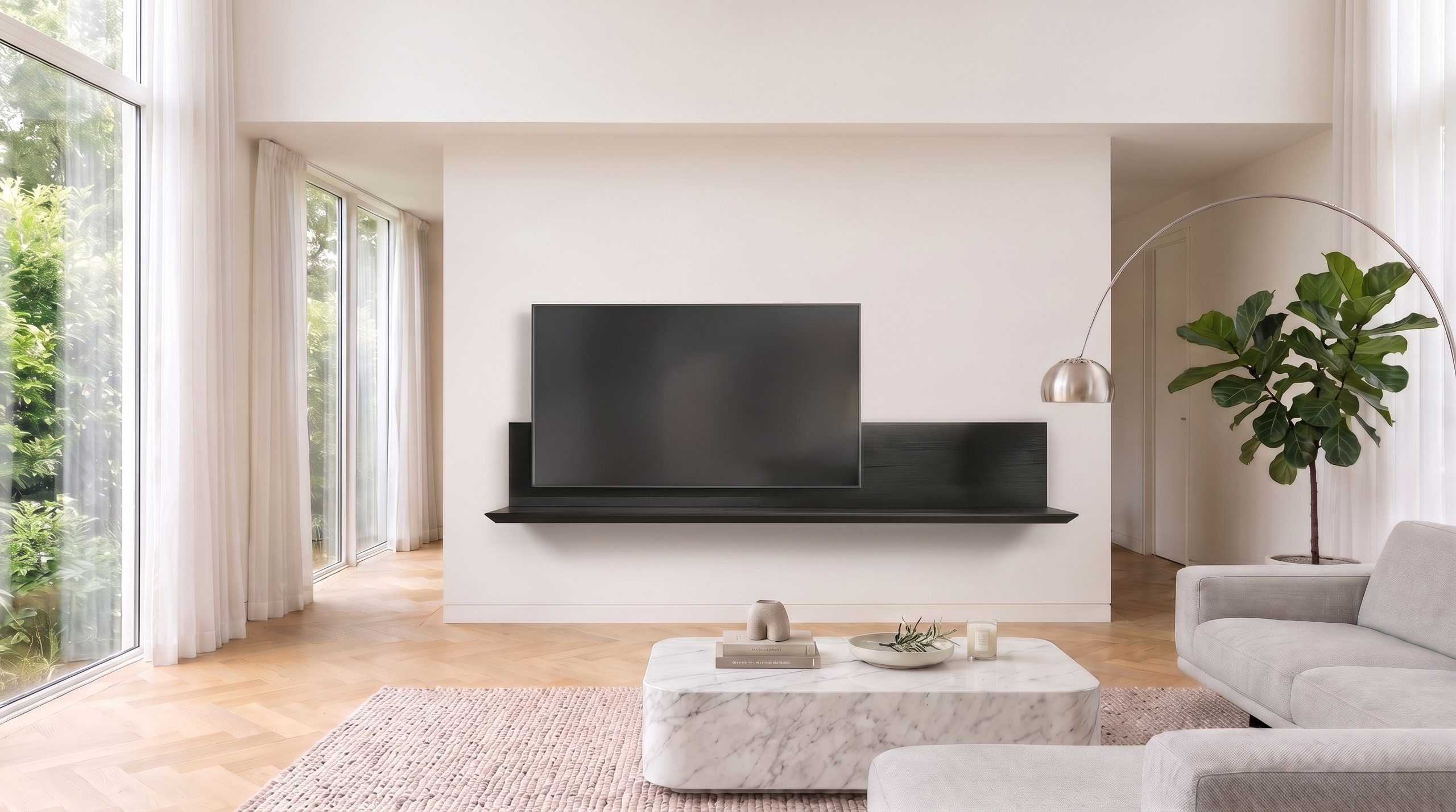 Livitalia TV Wandboard in dunkler Holzoptik mit Fernseher an heller Wohnzimmerwand