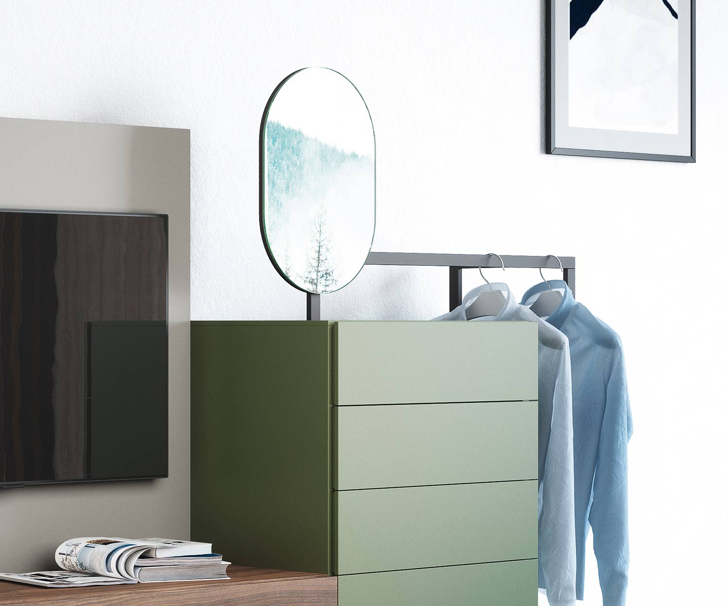 Praktische Novamobili Designer Kommode Easy 9 mit Spiegel und Kleiderstange Praktische Novamobili Designer Kommode Easy 9 mit Spiegel und Kleiderstange