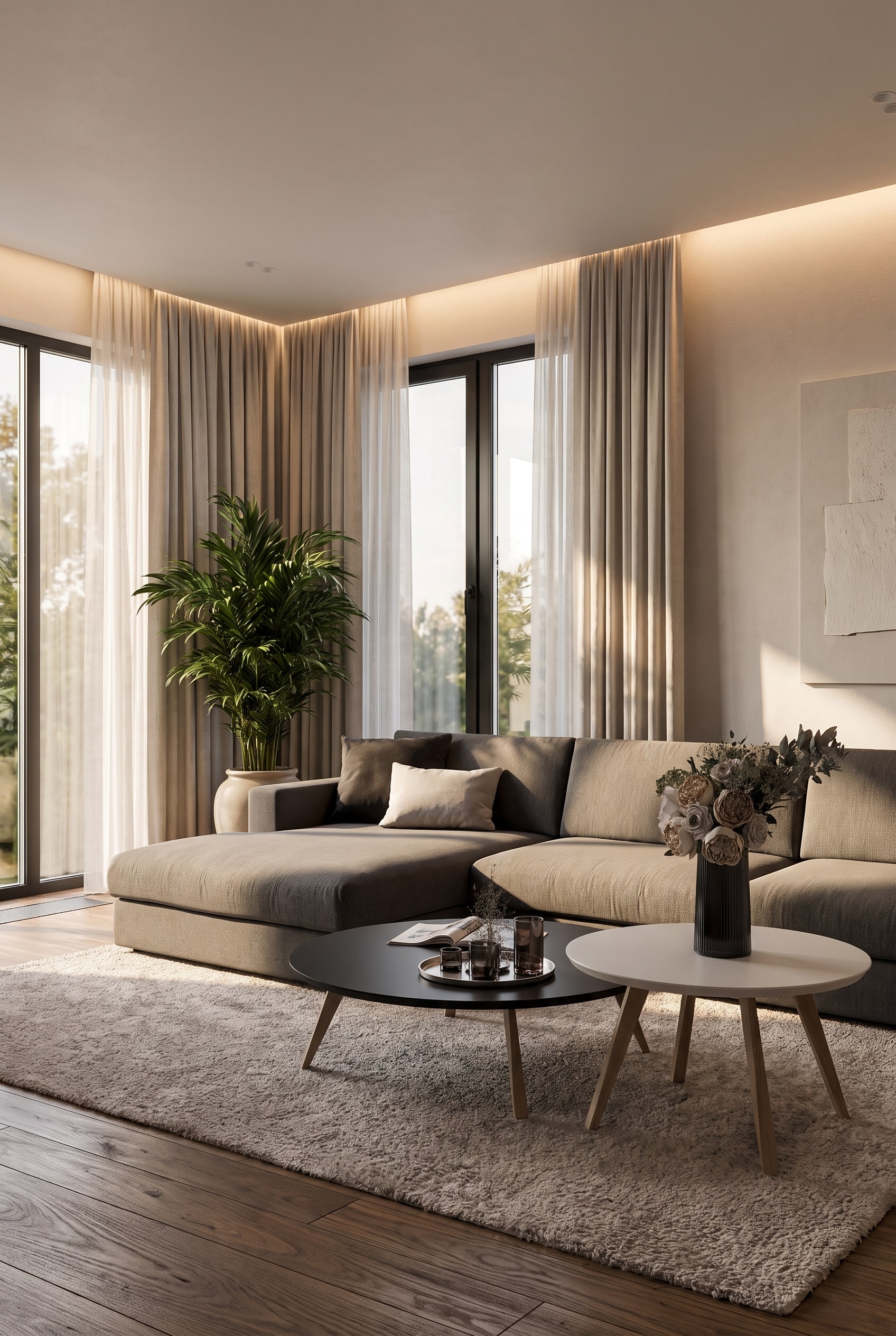 Wohnzimmer im Layering-Look mit einem gro&szlig;z&uuml;gigen Prostoria Sofa Classic in greige als haptisches Fundament