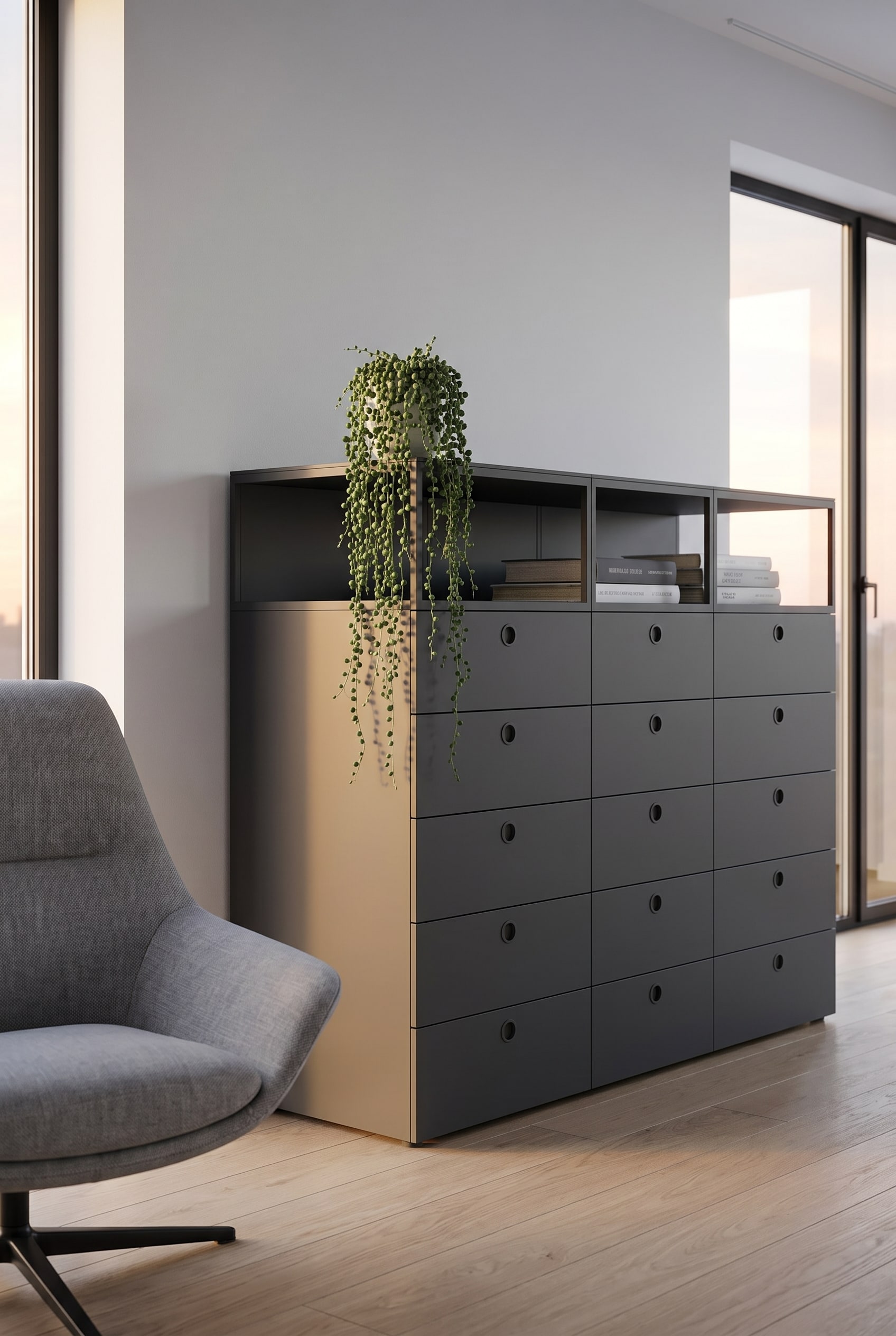Minimalistische, dunkelgraue Hochkommode an einer hellen Wand neben einem Sessel im Schlafzimmer