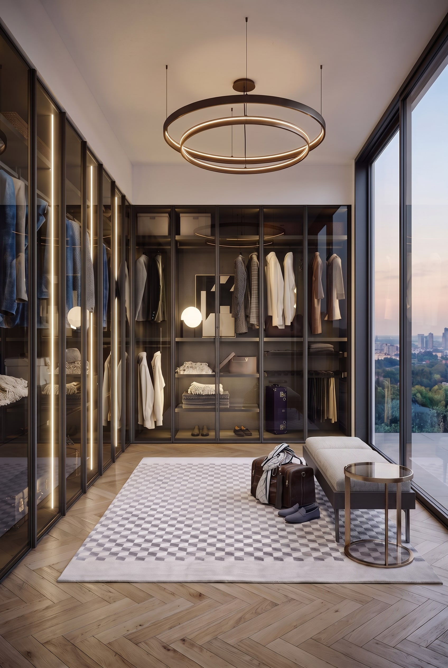Begehbarer Novamobili Perry Kleiderschrank mit Rauchglasfronten, Sitzbank und geometrischem Teppich in einem luxuri&ouml;sen Raum mit gro&szlig;en Fenstern.