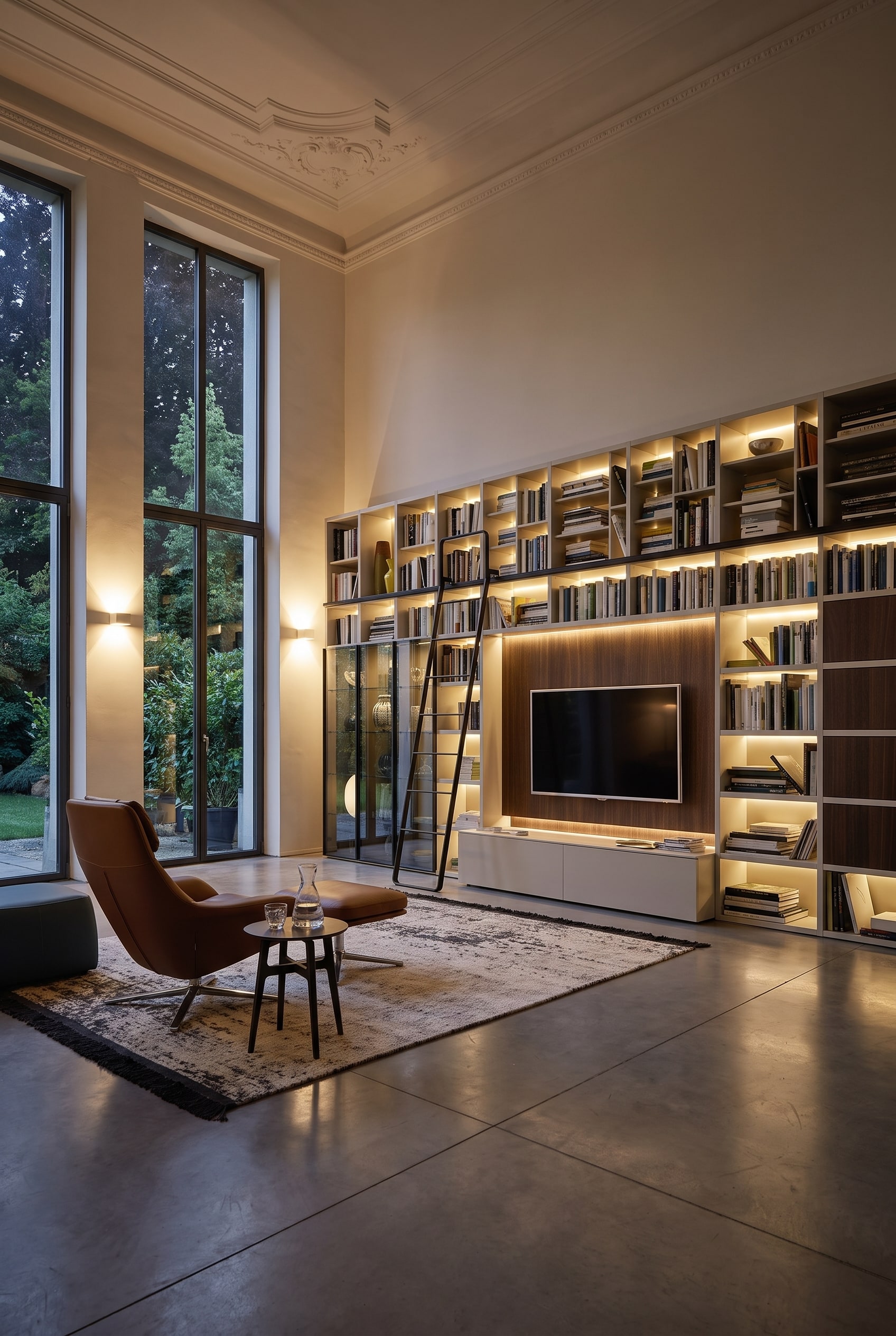 Elegantes Wohnzimmer im Altbau mit raumhohem ma&szlig;gefertigtem B&uuml;cherregal, metallischer Gleitleiter und gem&uuml;tlicher Leseecke