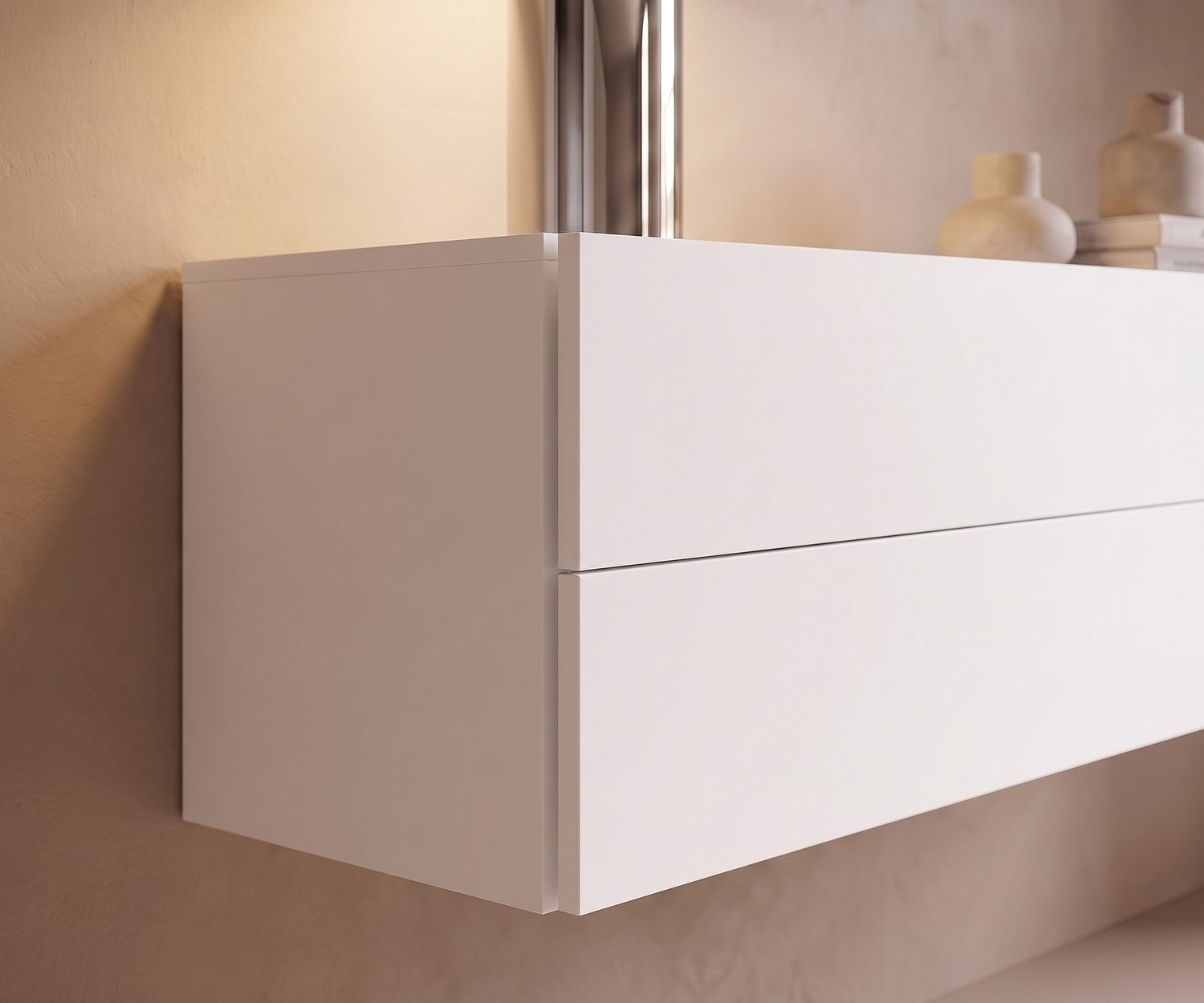 Novamobili Hängekommode Easy in Weiß matt Novamobili Hängekommode Easy für das Schlafzimmer, weiß mattierter schwebender Nachttisch mit Schubladen im modernen Design.