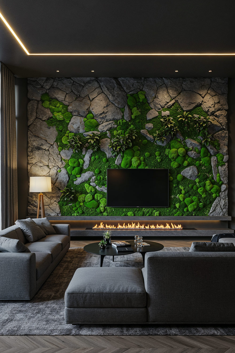 Wohnzimmer-mit-Kamin-integriert-in-Stein-Mooswand-mit-Class-Sofa