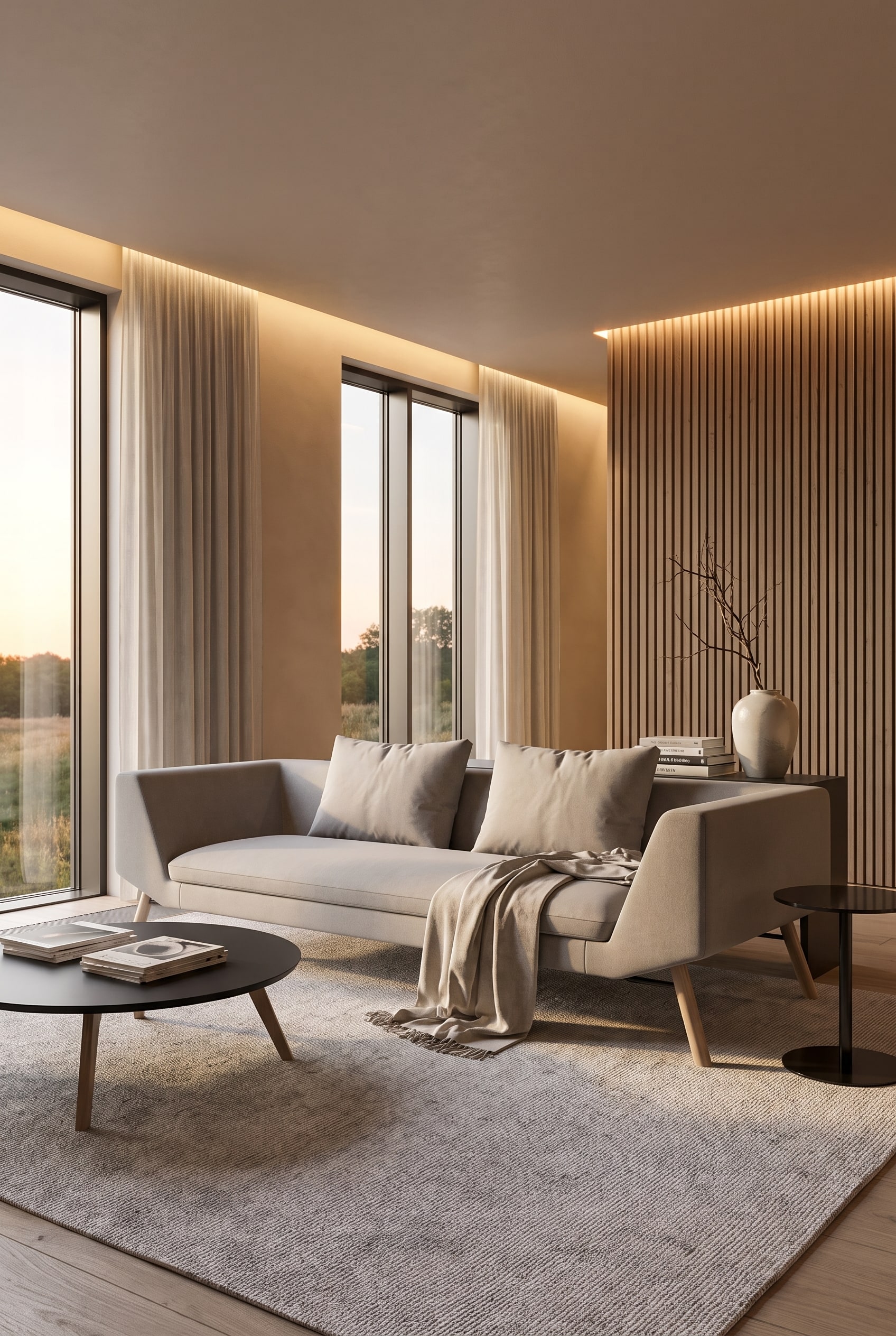 Modernes Wohnzimmer mit matten sandfarbenen W&auml;nden, gro&szlig;en Fenstern und einem geradlinigen grauen Sofa auf Holzf&uuml;&szlig;en