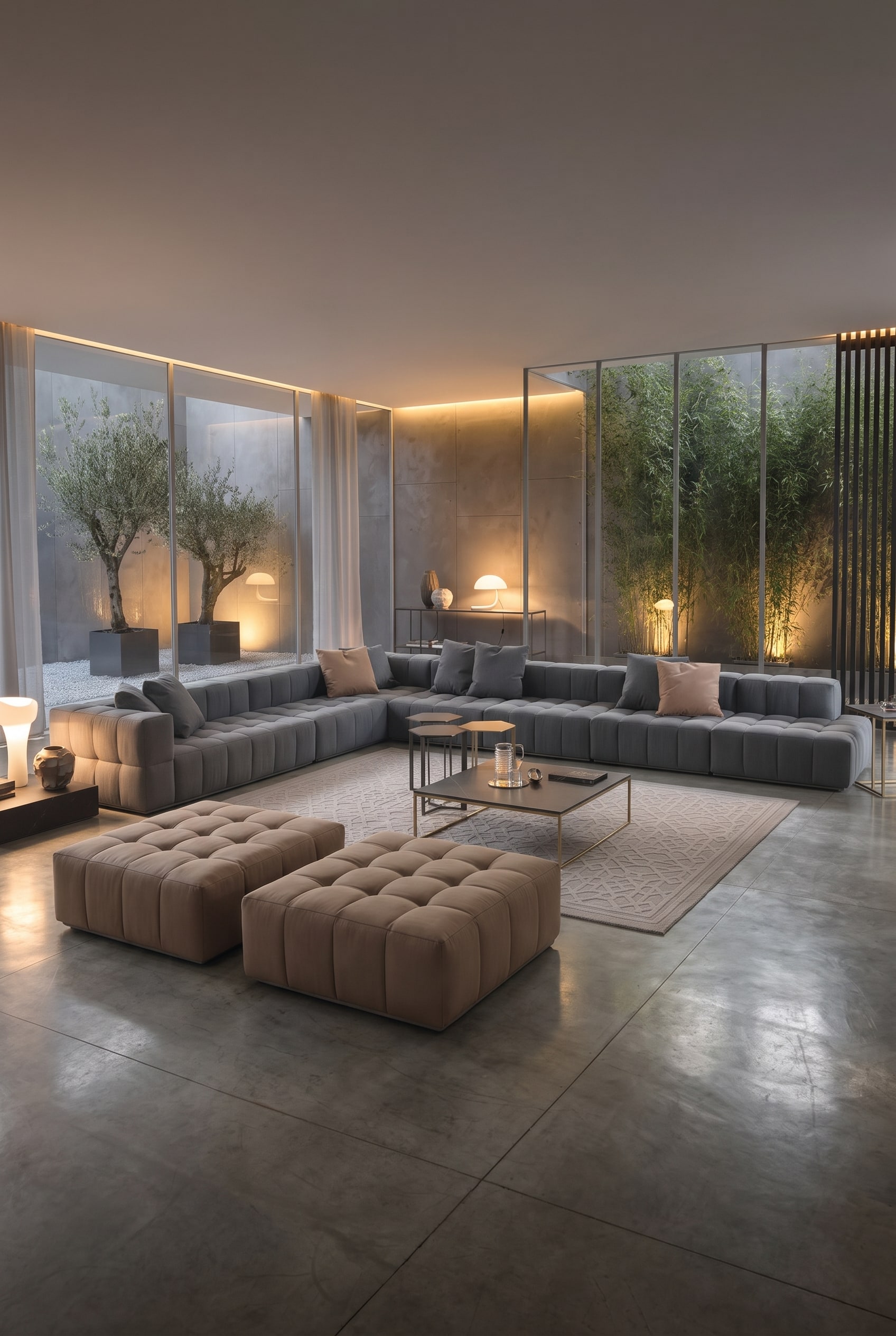 Großes graues Lounge-Sofa in modularer U-Form auf einem hellen Teppich im offenen Industrie-Loft