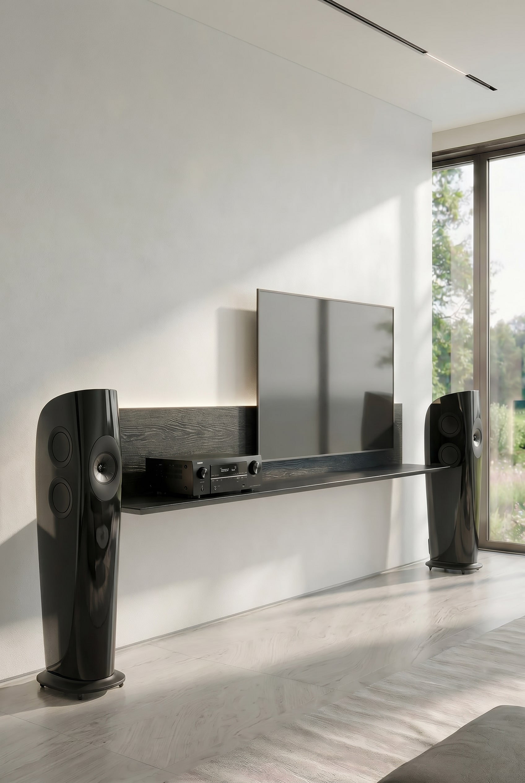 Helles Wohnzimmer mit schwebendem TV Wandboard in Schwarz-Eiche und verdecktem AV-Receiver Fach