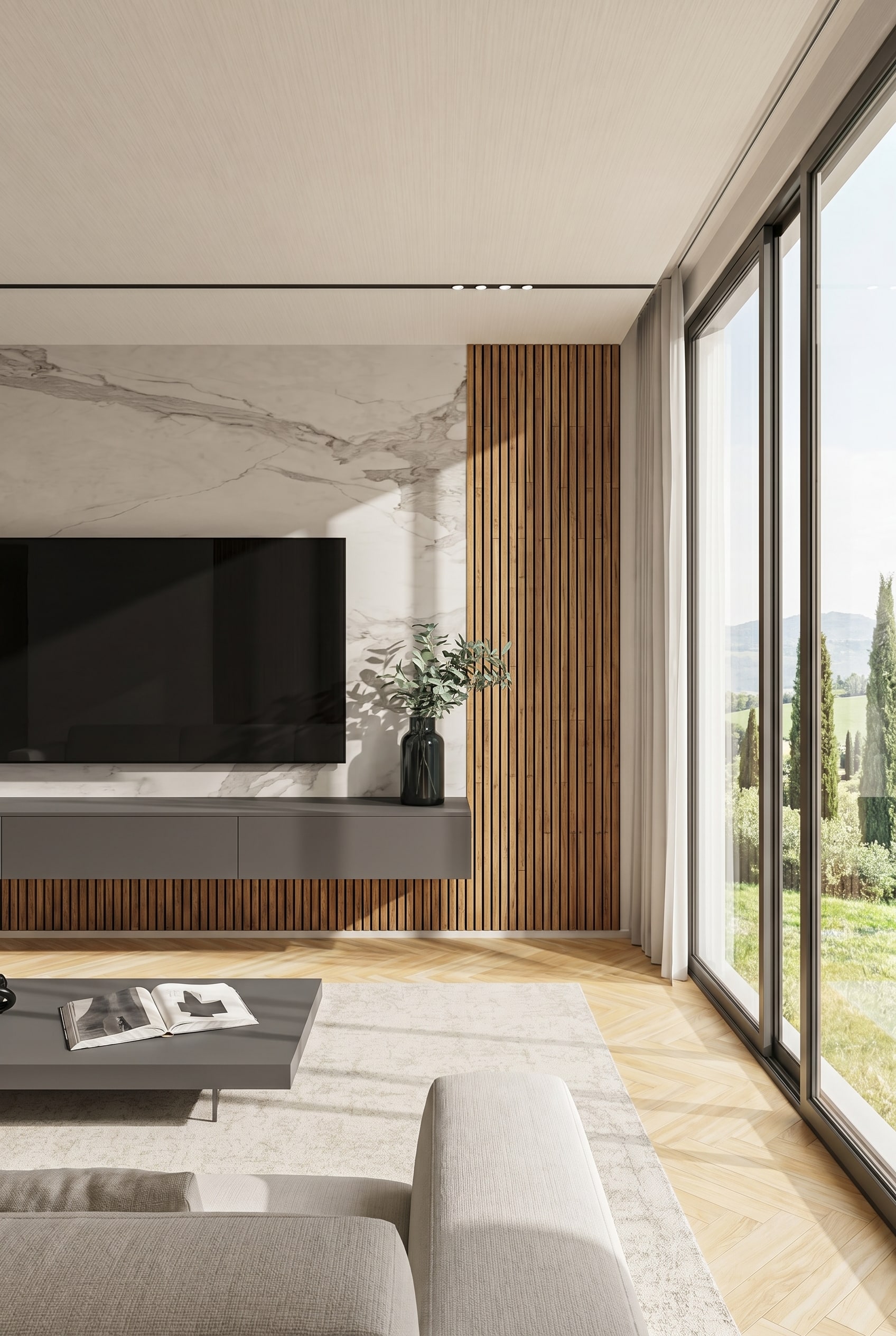 Elegante Wohnwand mit vertikalen Holzlamellen und heller Keramikfläche im Frühlingslicht Elegante Wohnwand mit vertikalen Holzlamellen und heller Keramikfläche im Frühlingslicht