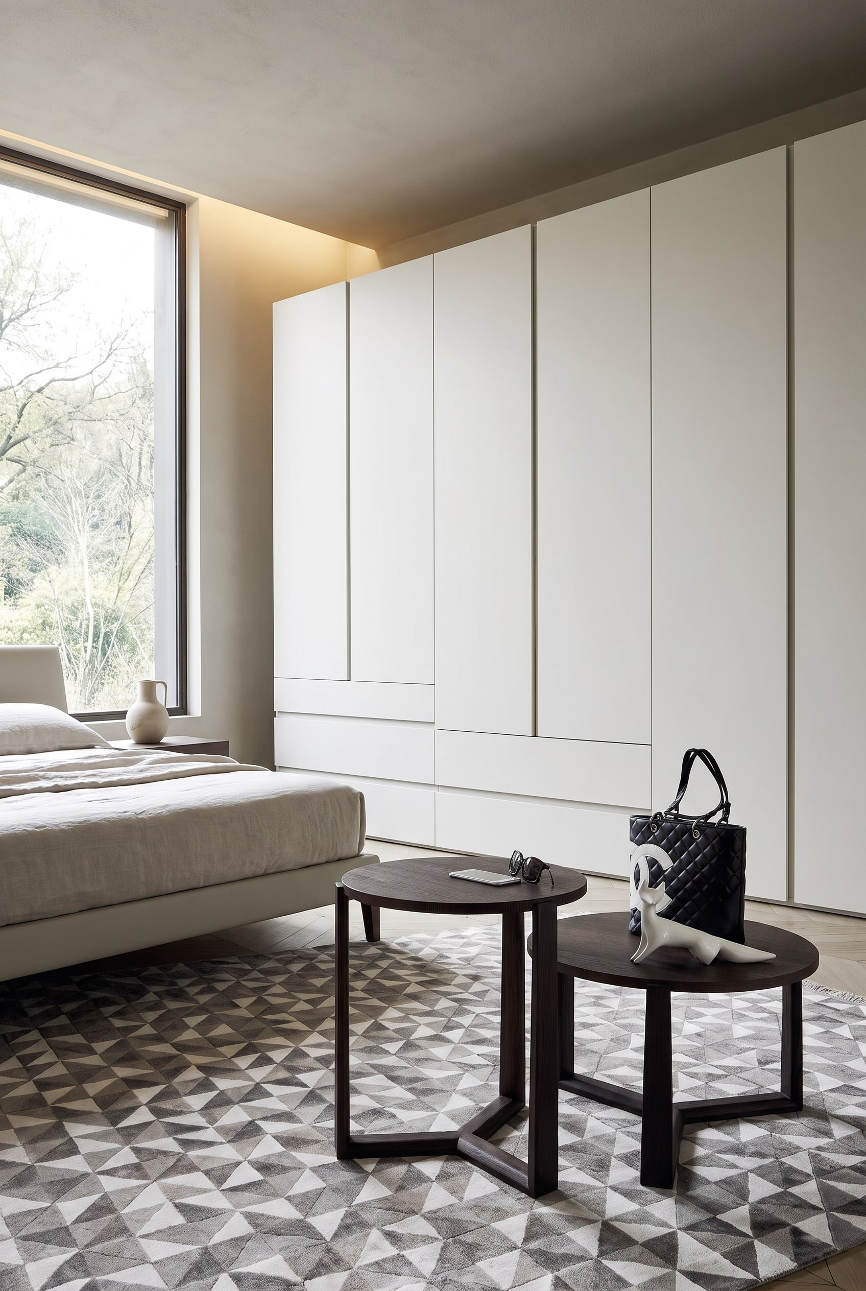 Elegantes Schlafzimmer mit maßgefertigtem Livitalia Kleiderschrank mit hellen matten Fronten und asymmetrischen Linien