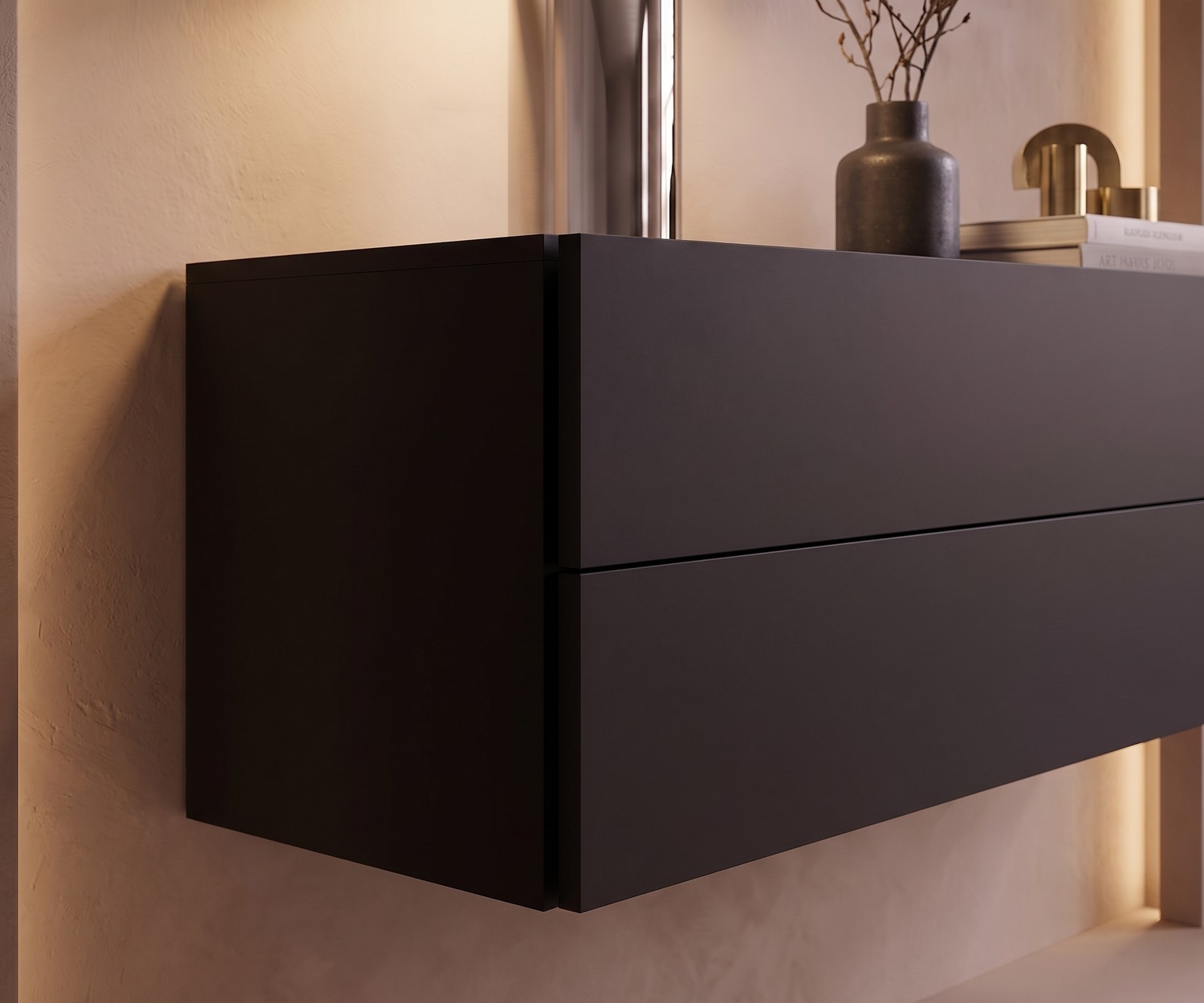 Hängekommode fürs Schlafzimmer Easy von Novamobili in mattem Schwarz mit zwei Schubladen, modernes Design.