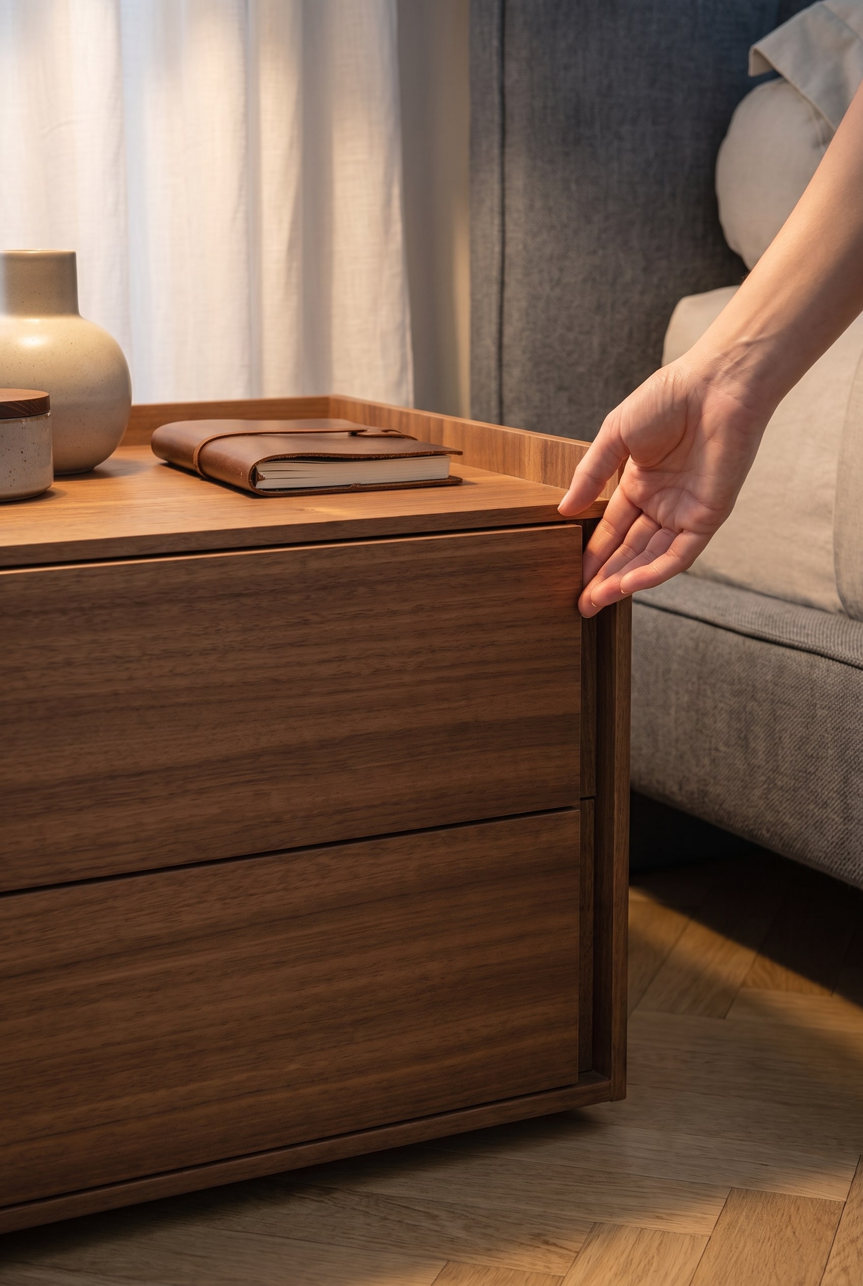 Ein moderner, griffloser Nachttisch mit elegant eingefr&auml;ster Griffmulde, der durch sein minimalistisches Design besticht.