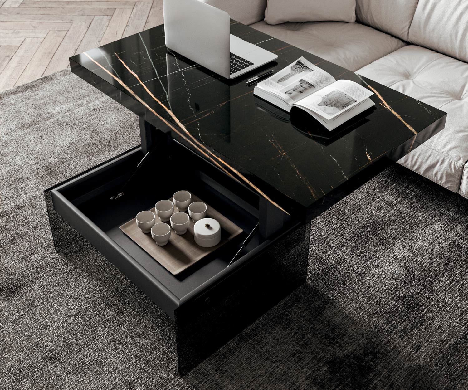 Geöffneter Couchtisch Bellagio von Ozzio mit schwarzer Tischplatte Marmor Glas Geöffneter Couchtisch Bellagio von Ozzio mit schwarzer Tischplatte Marmor Glas