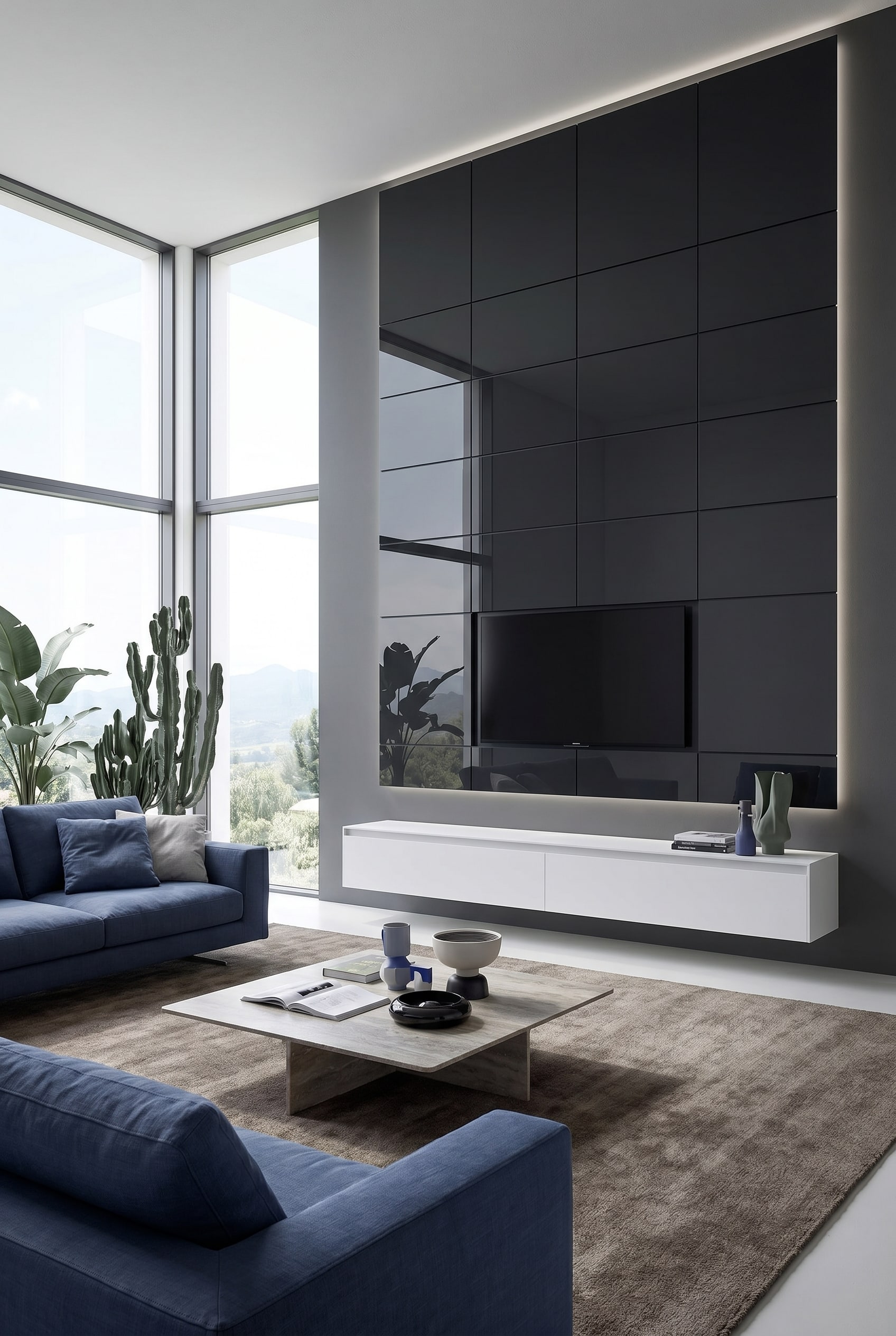 Weißes griffloses Lowboard vor anthrazitfarbener Wand mit flächenbündig integriertem Smart-TV