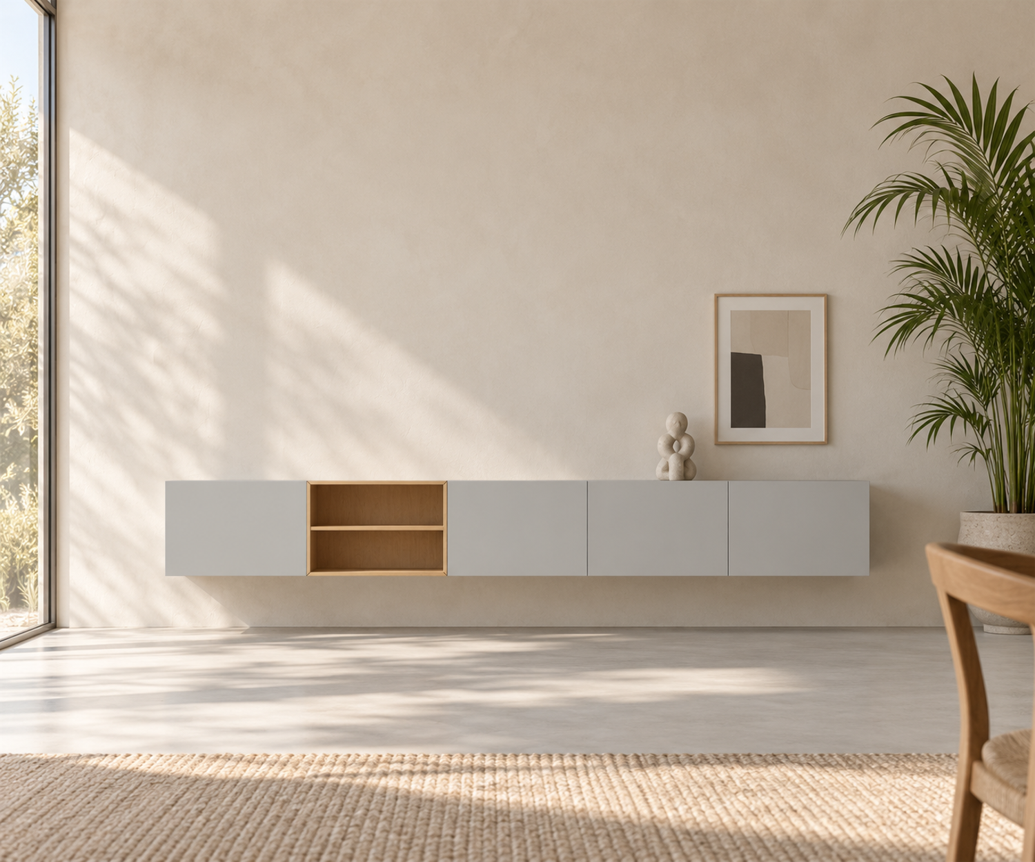 Livitalia Box 18 Wand Sideboard 300 cm – Matt Hellgrau + Eiche Hell
