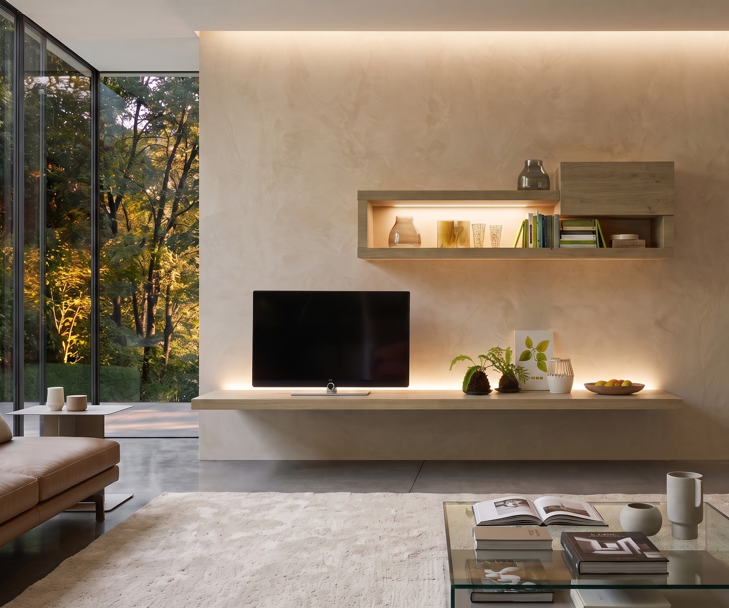 Livitalia TV Wandboard aus Holz Livitalia TV Wandboard als hängendes Lowboard im minimalistischen Wohnzimmer aus hellem Holz mit LED-Beleuchtung.