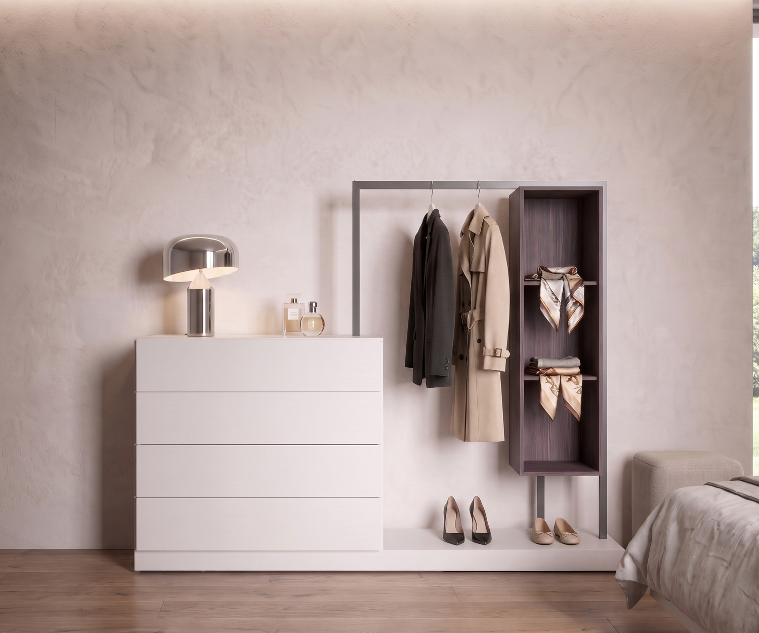 Novamobili Kommode Easy 4 mit Garderobe als stummer Diener im Flur, weiße Schubladen mit Kleiderstange und Holzregal.