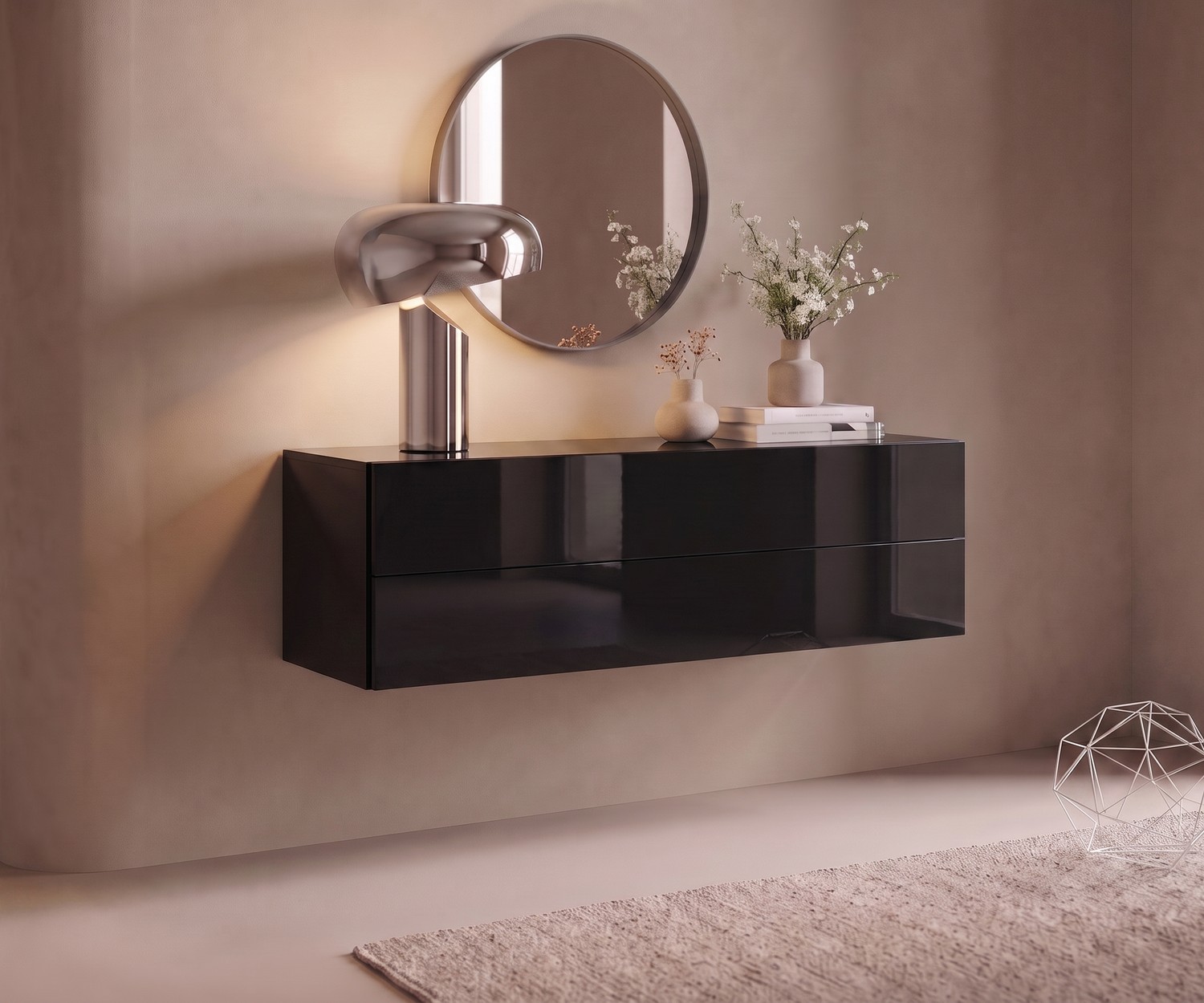 Schwarze Hängekommode Novamobili Easy Hängekommode Novamobili Easy für den Flur. Schwarze schwebende Kommode in Hochglanz, modern dekoriert mit Spiegel.
