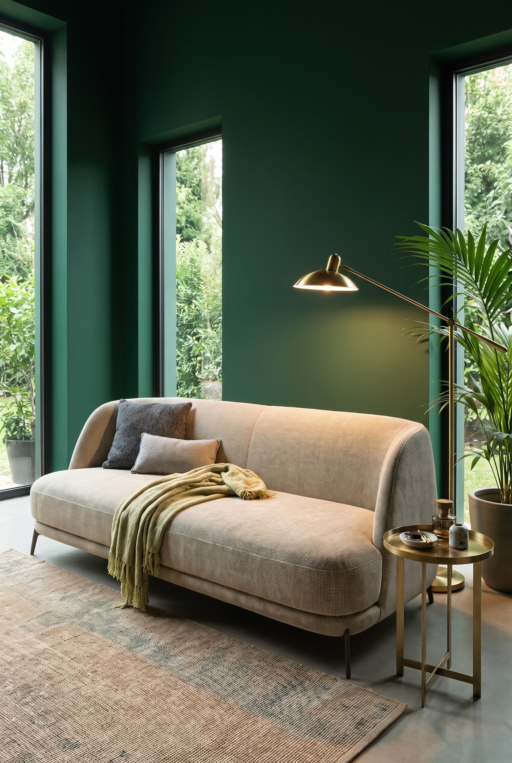 Elegantes Wohnzimmer mit tiefgrünen Wänden, großzügigen Fenstern und einem hellbeigen Sofa mit abgerundeten Rückenlehnen