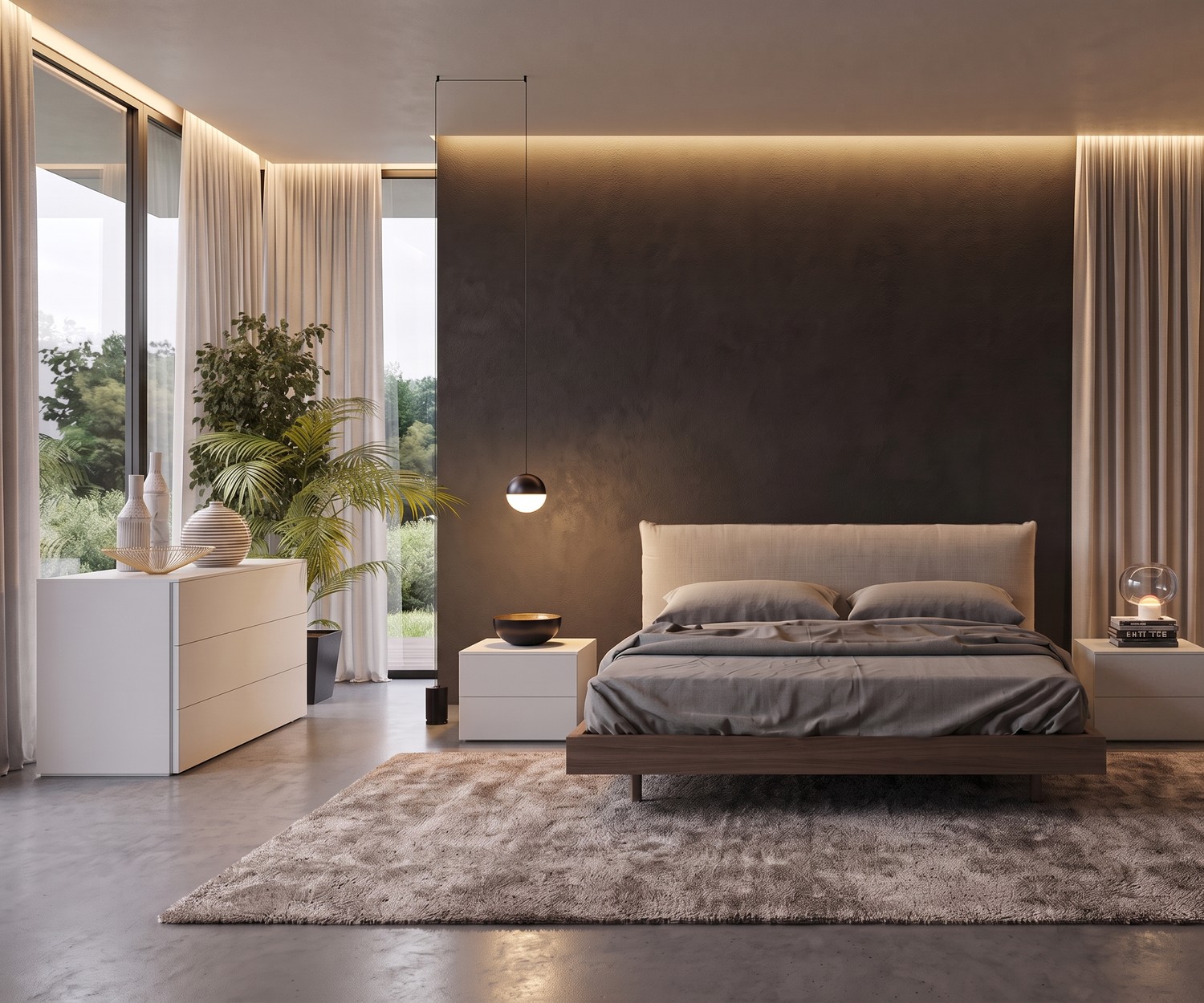 Livitalia Atena Nachttisch im modernen Schlafzimmer neben dem Bett mit Schubladen in Weiß für minimalistisches Design.