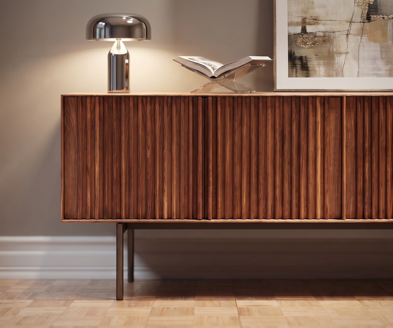 al2 ka-bera 003 A Design Sideboard aus Walnuss mit Lamellen-Türen für stilvollen Stauraum im modernen Wohnzimmer.