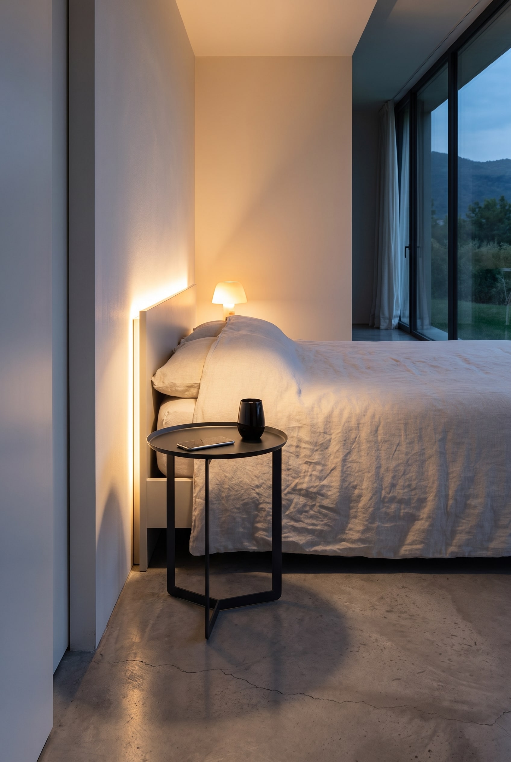 Sehr schmales, modernes Schlafzimmer mit dem zierlichen MEME Design Round Beistelltisch aus schwarzem Metall in der Nische
