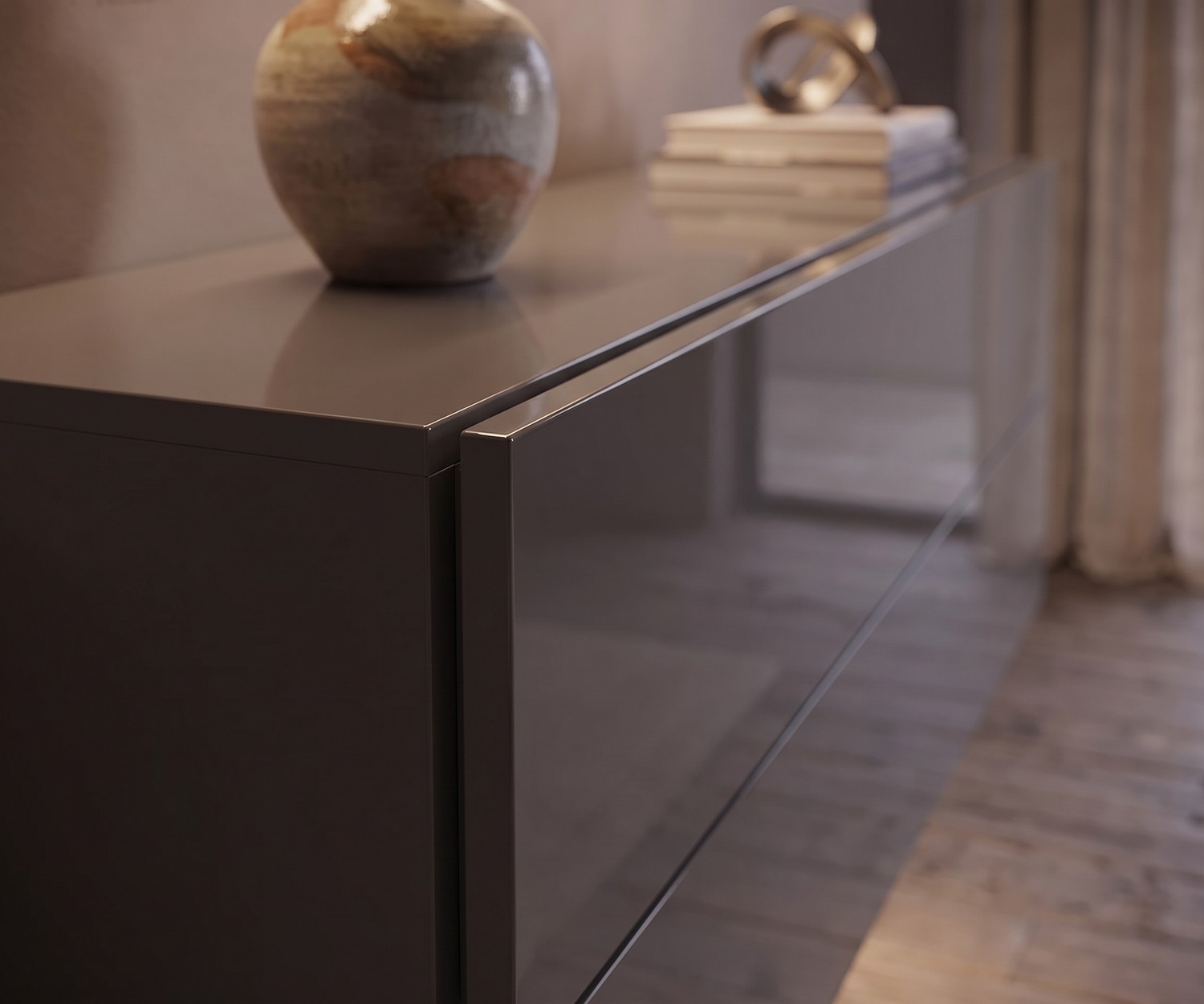 Novamobili Hängekommode Easy in Quarz Hochglanz Hängekommode Easy von Novamobili als elegantes Sideboard im Wohnzimmer, Hochglanz Quarzgrau, minimalistischer Stil.