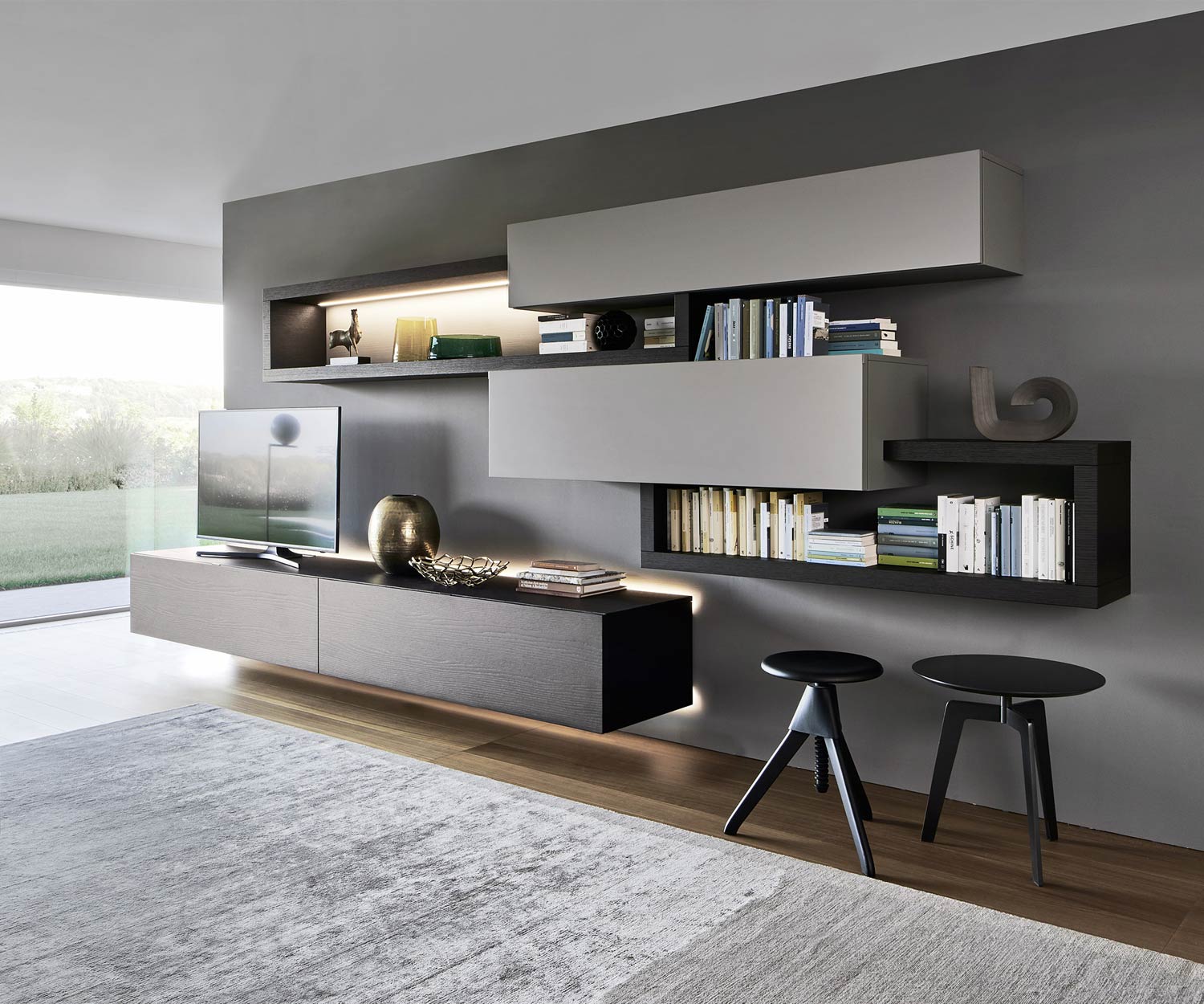 Exklusive Livitalia Design Wohnwand C27 in Eiche furniert und Grau Matt Exklusive Livitalia Design Wohnwand C27 in Eiche furniert und Grau Matt