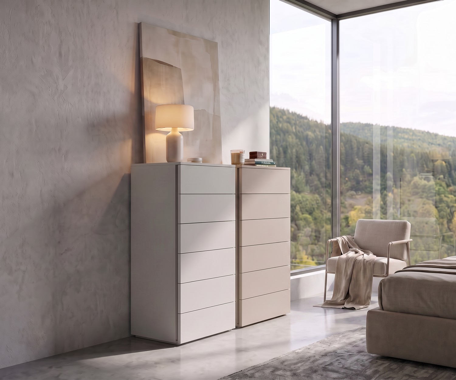 Livitalia Atena minimalistische Hochkommode Atena Hochkommode von Livitalia im Schlafzimmer für mehr Stauraum, minimalistische Schubladenkommoden in Weiß und Beige.