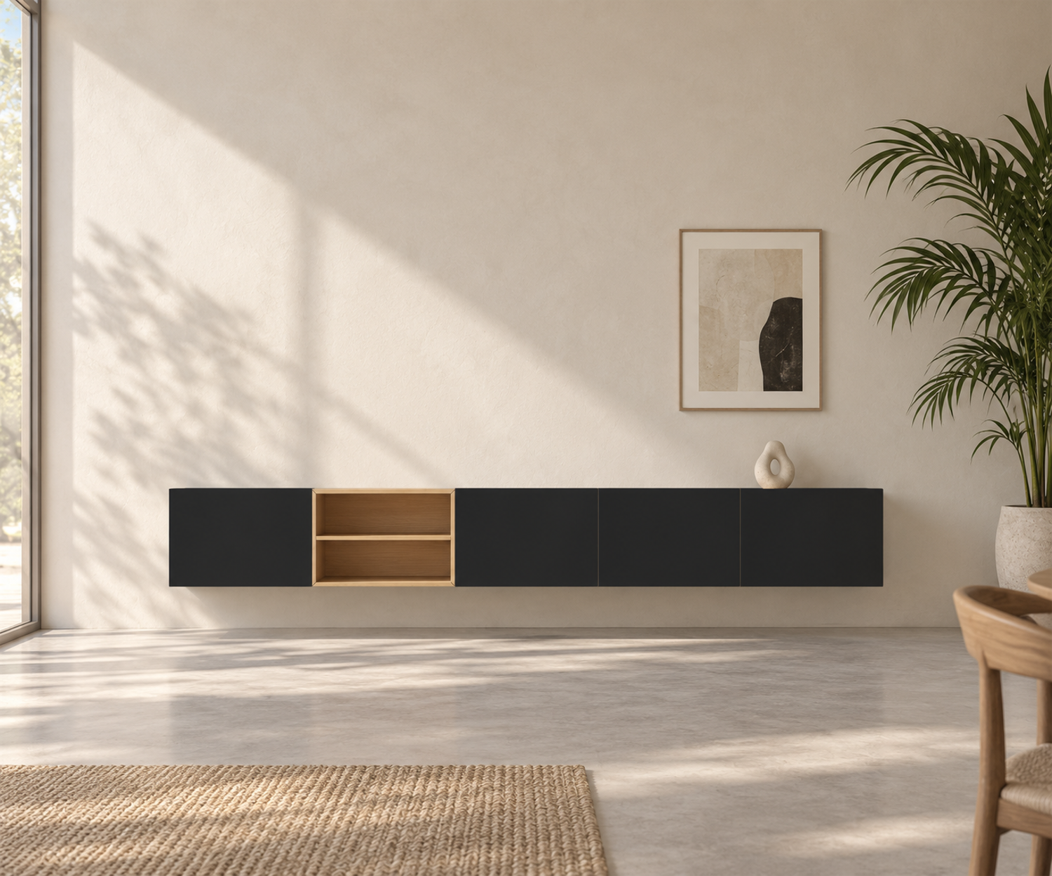 Livitalia Box 18 Wand Sideboard 300 cm – Matt Schwarz + Eiche Hell