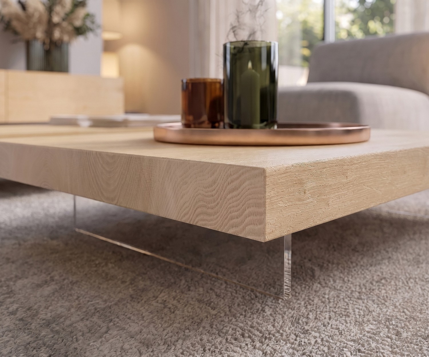 Livitalia Couchtisch Low aus Eiche mit Glasfüßen Livitalia Couchtisch Low aus hellem Eichenholz mit transparenten Glasfüßen für das moderne Wohnzimmer.